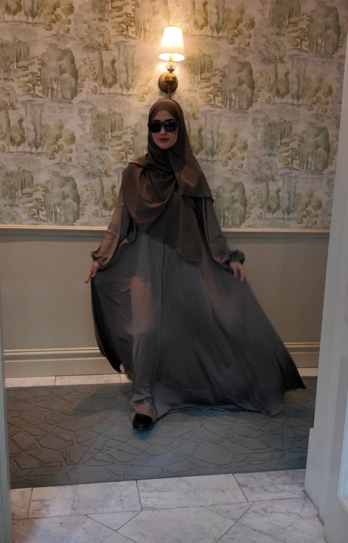 Khaki Green flow Abayah with attached hijab