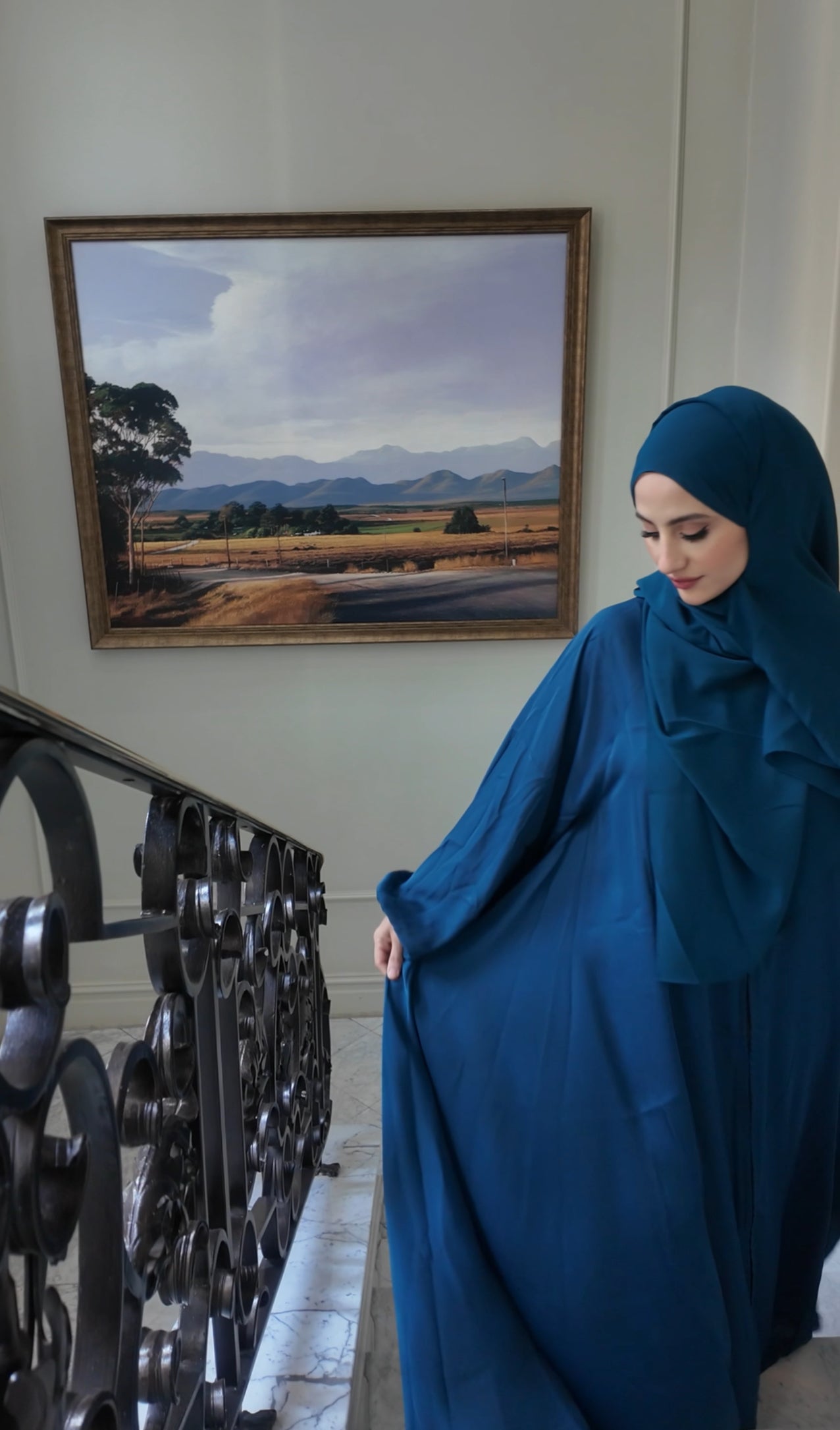 Teal blue flow Abayah with attached hijab