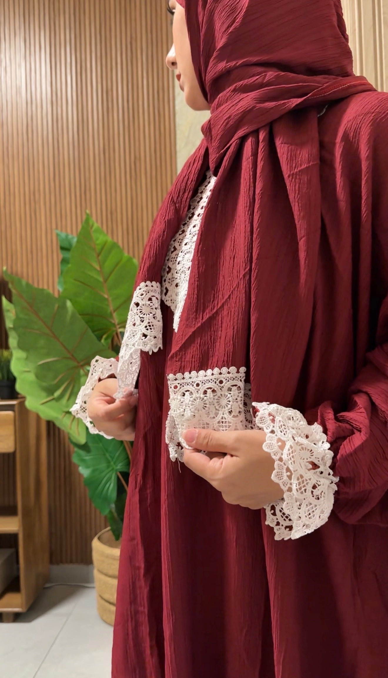 Maroon burqa with white lace