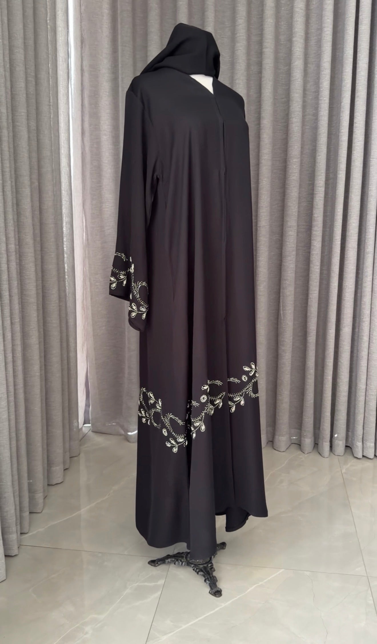 Black abayah with silver beadwork