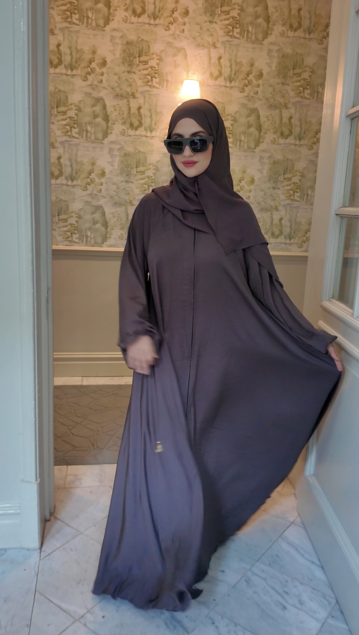 Brown Gray flow Abayah with attached hijab
