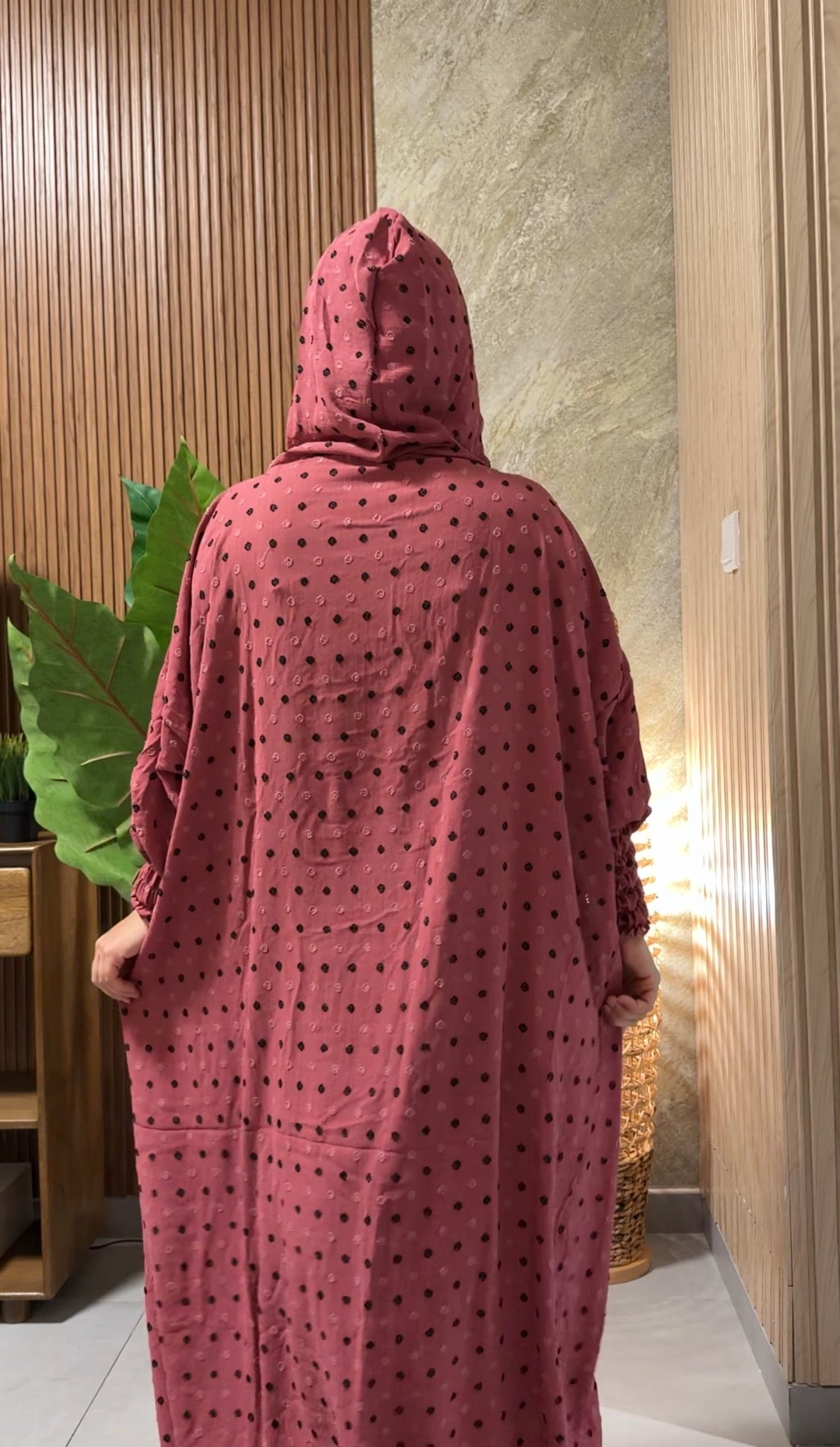 Coral burqa with black dots
