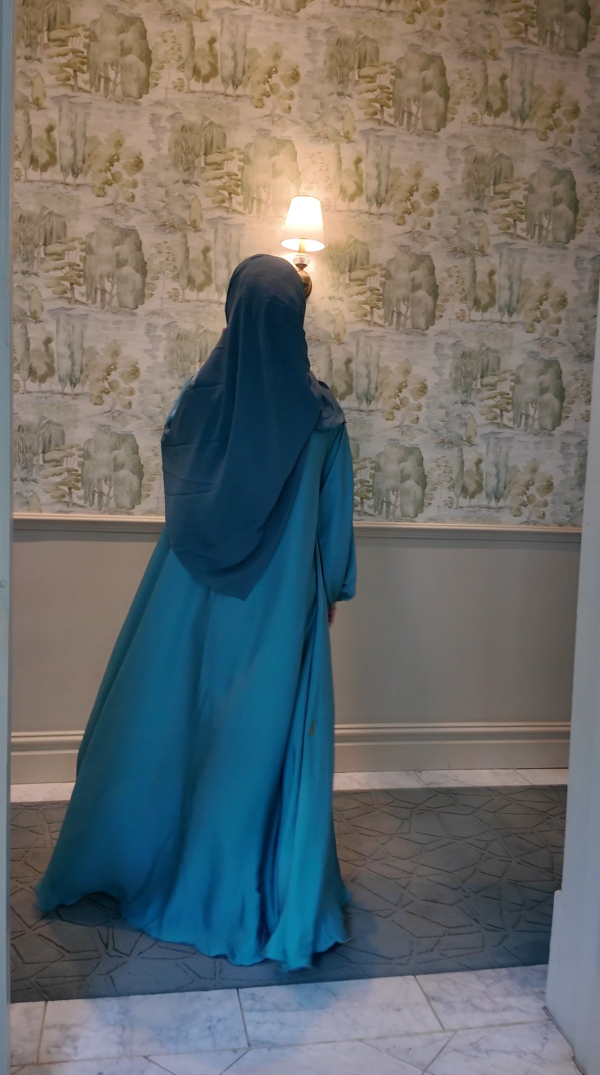 Turquoise flow Abayah with attached hijab