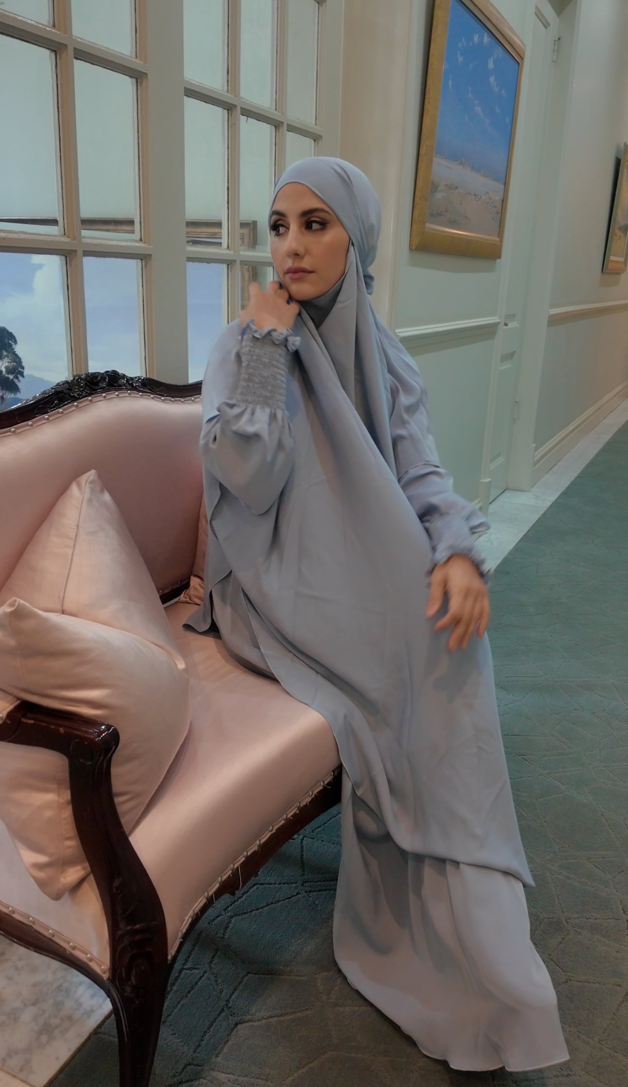 Grayish Blue Nada fabric Jilbab with long sleeve inner