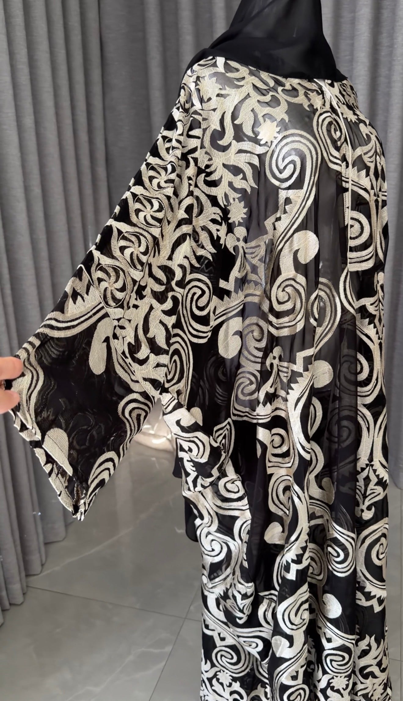 Black Net Abayah with Gold Embroidery Design 1