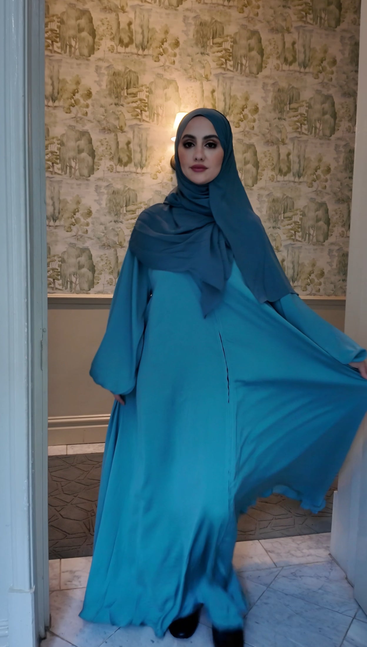 Turquoise flow Abayah with attached hijab