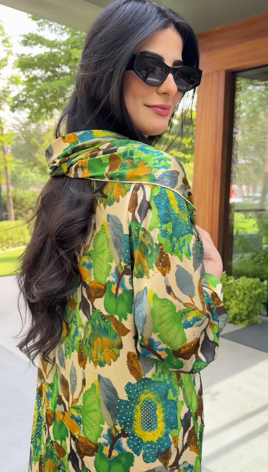 Green 🍏 floral Abayah with matching scarf
