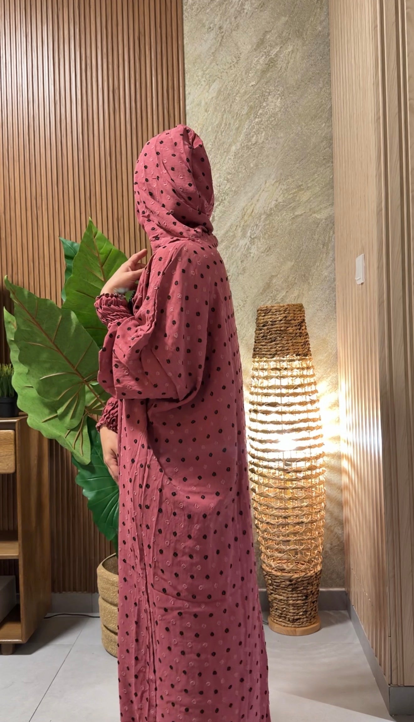 Coral burqa with black dots