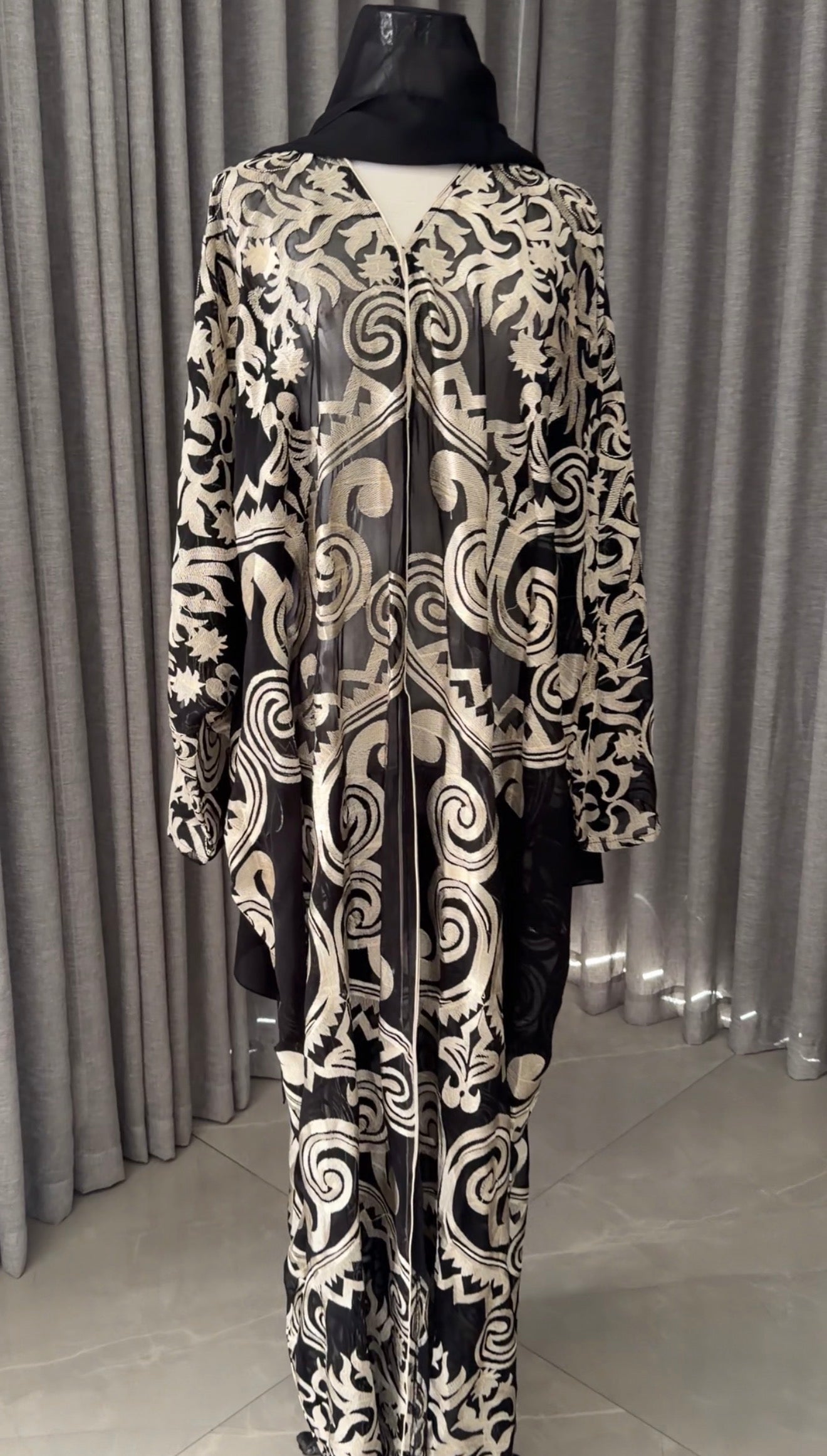 Black Net Abayah with Gold Embroidery Design 1