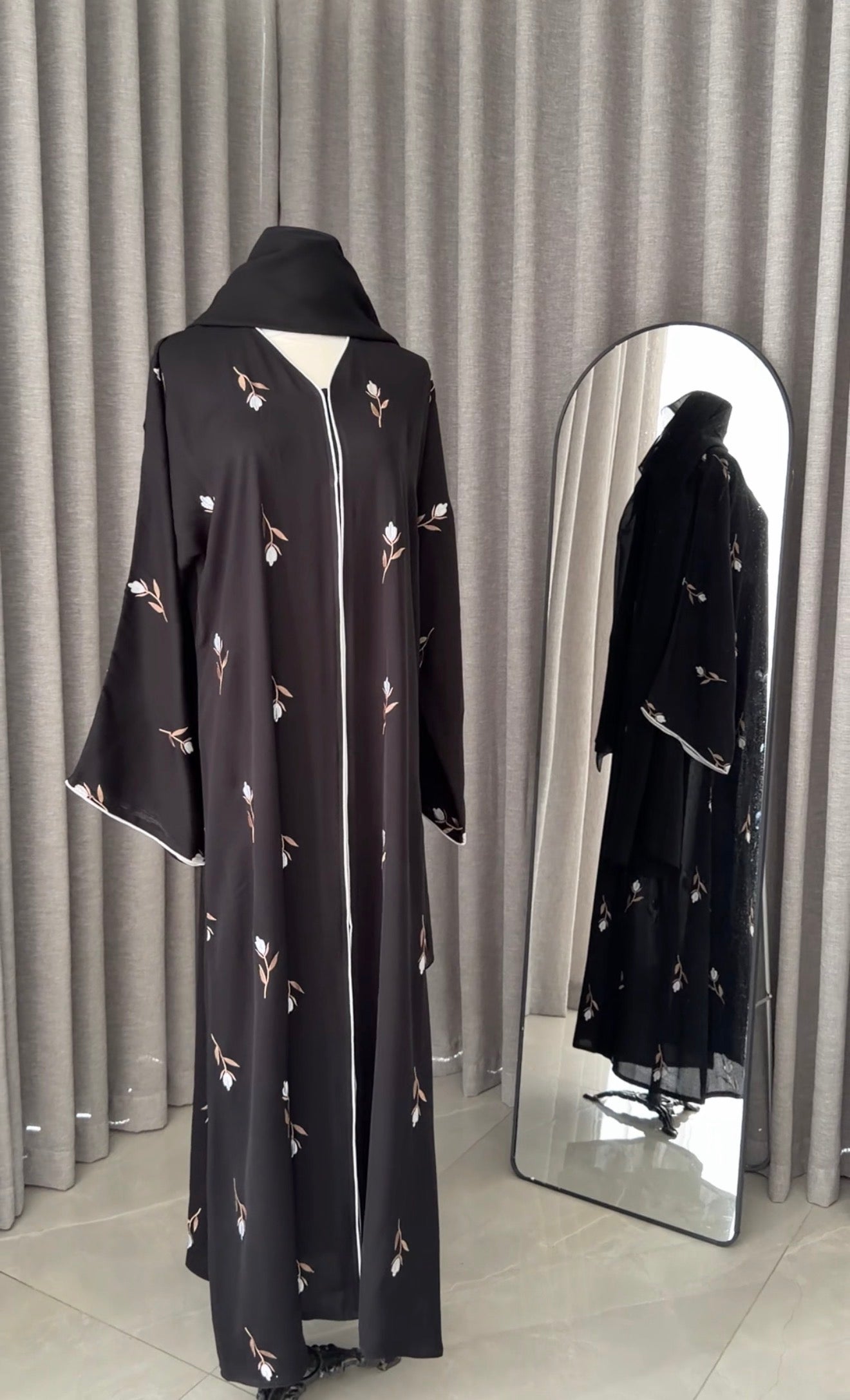Black Abayah with white flowers