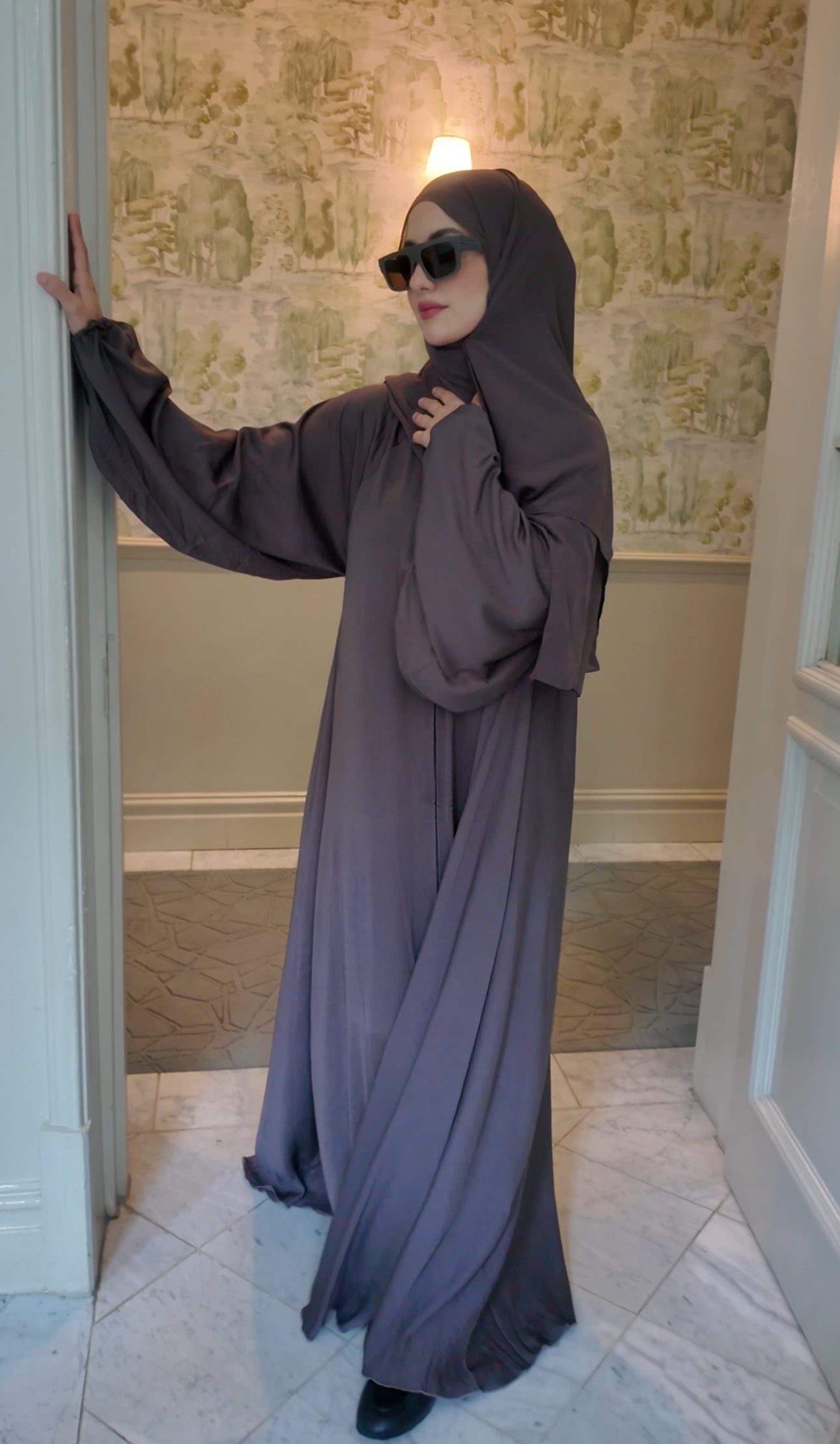 Brown Gray flow Abayah with attached hijab