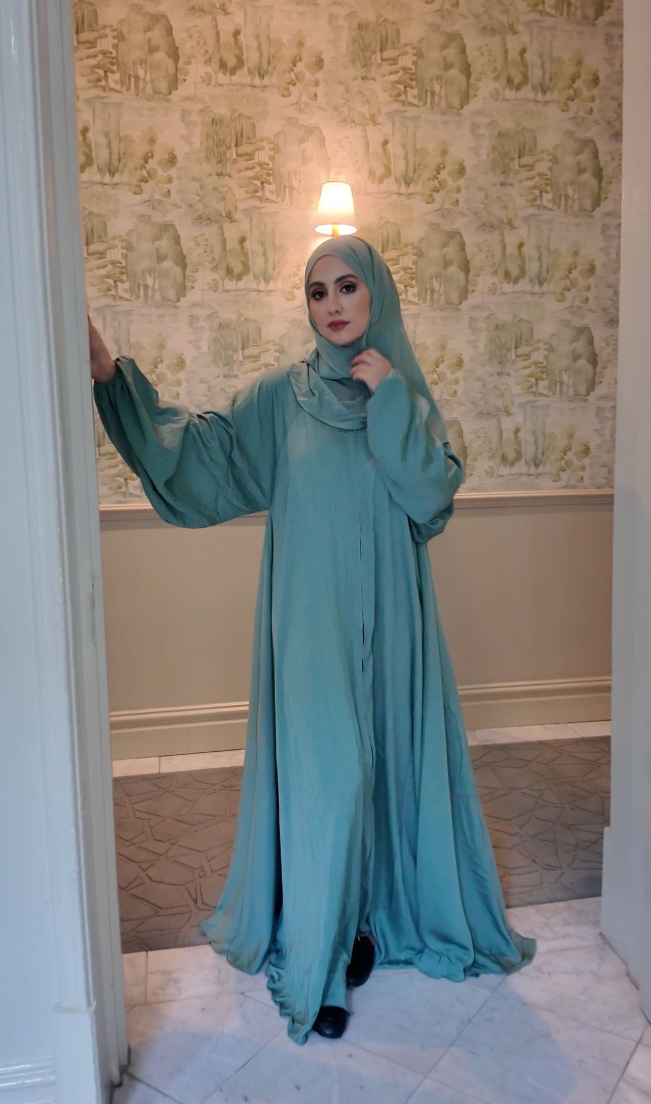 Light green flow Abayah with attached hijab