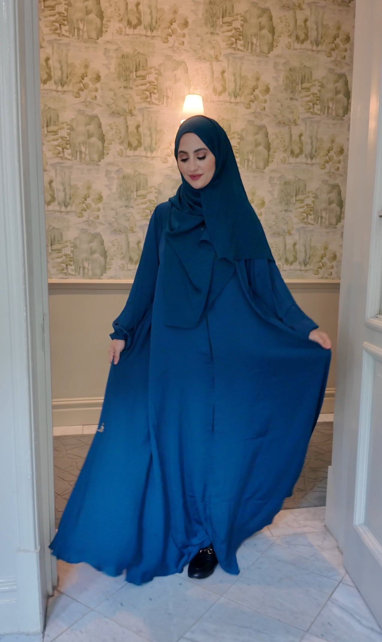 Teal blue flow Abayah with attached hijab