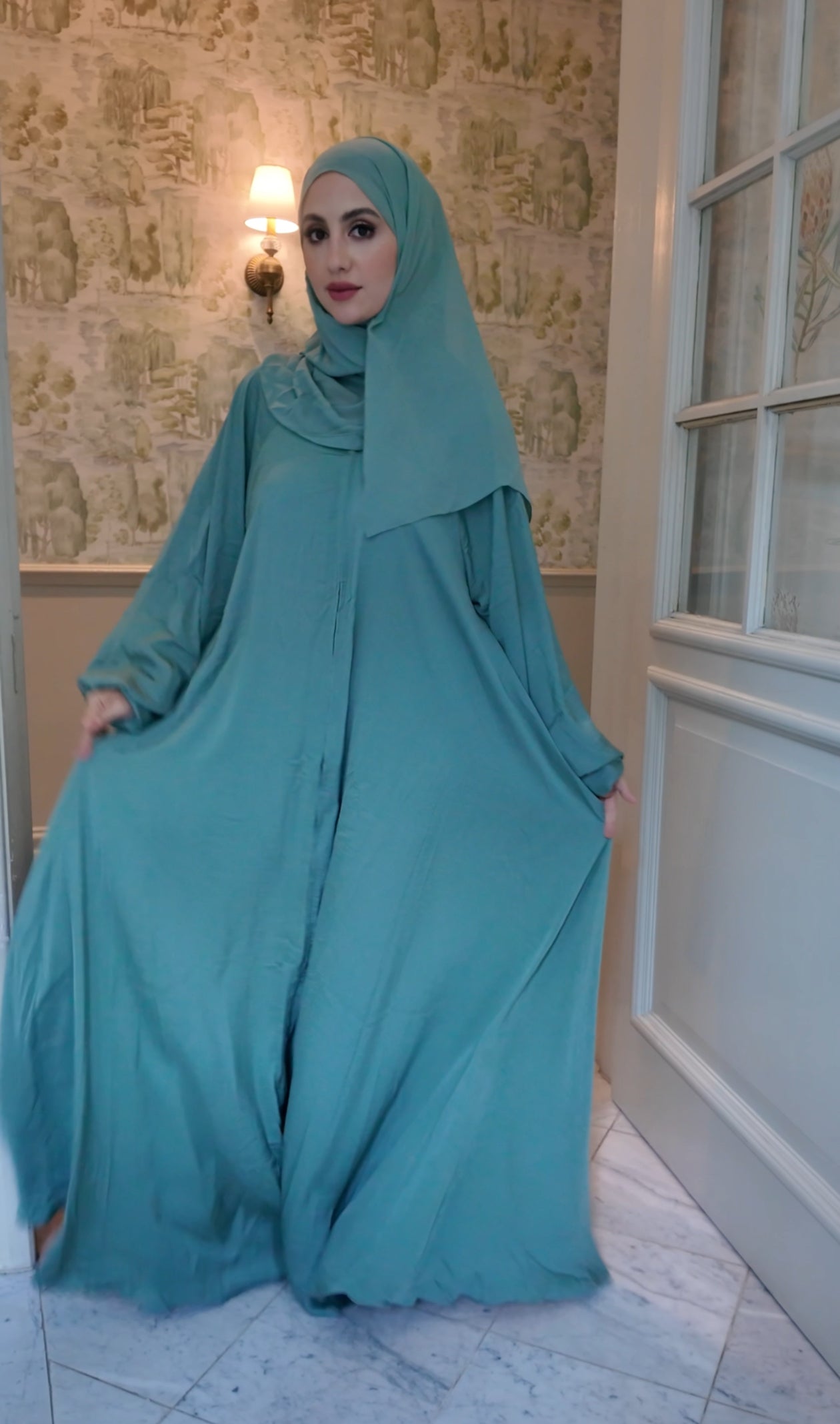 Light green flow Abayah with attached hijab