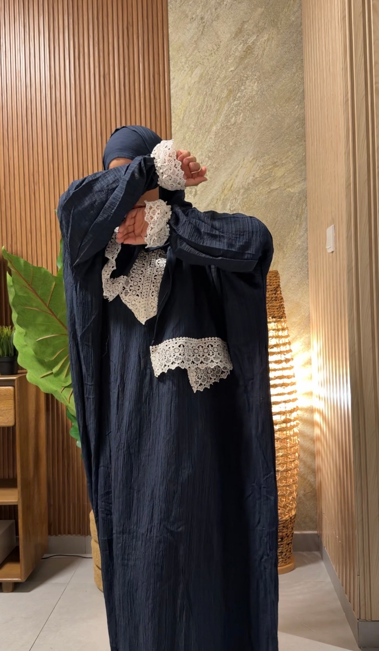 Navy burqa with white lace