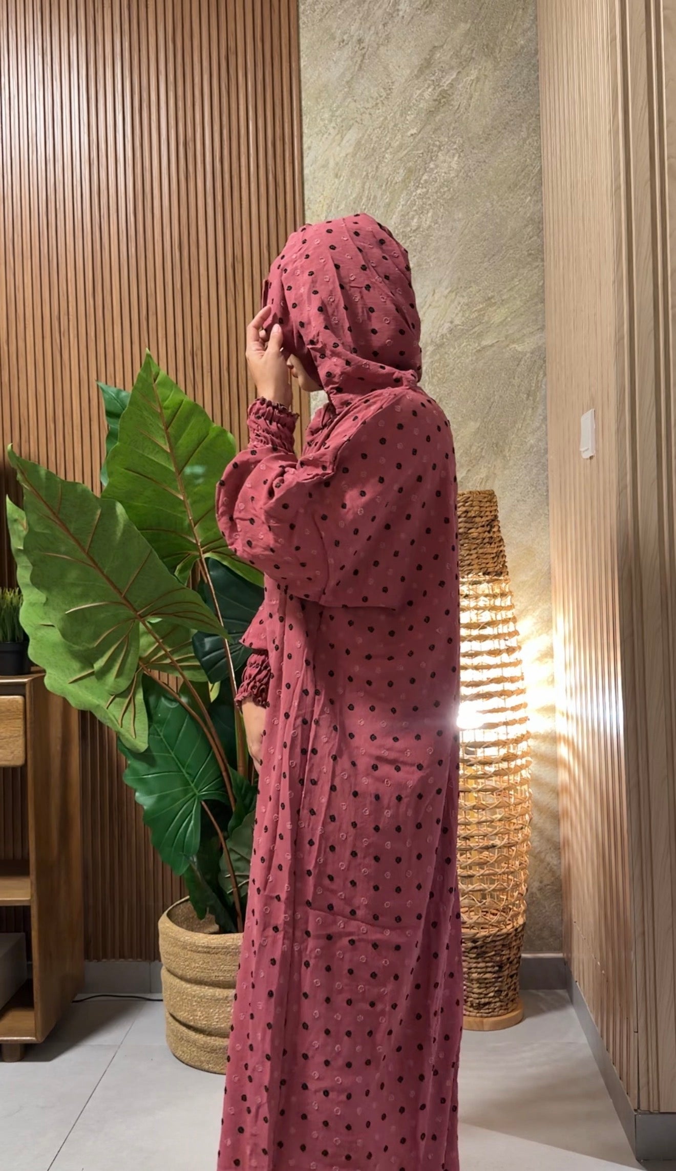 Coral burqa with black dots