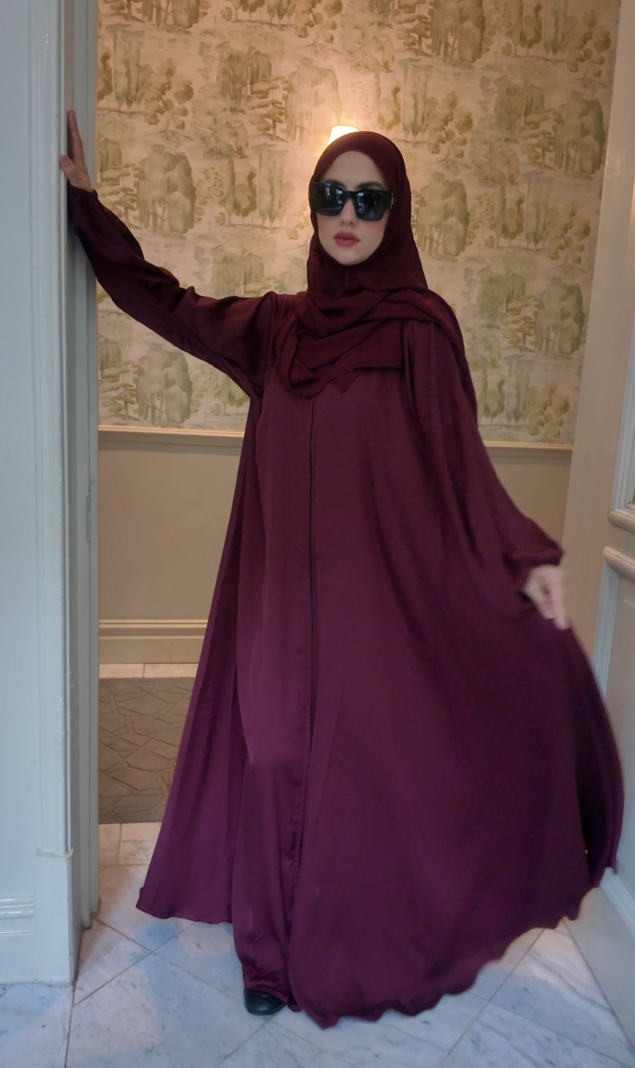 Maroon flow Abayah with attached hijab