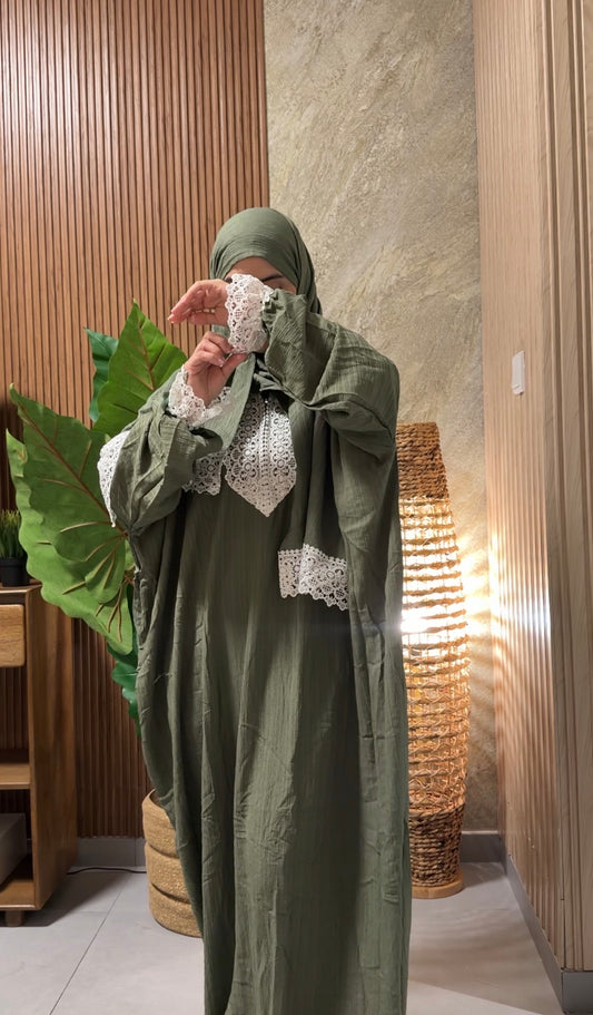 Green burqa with white lace
