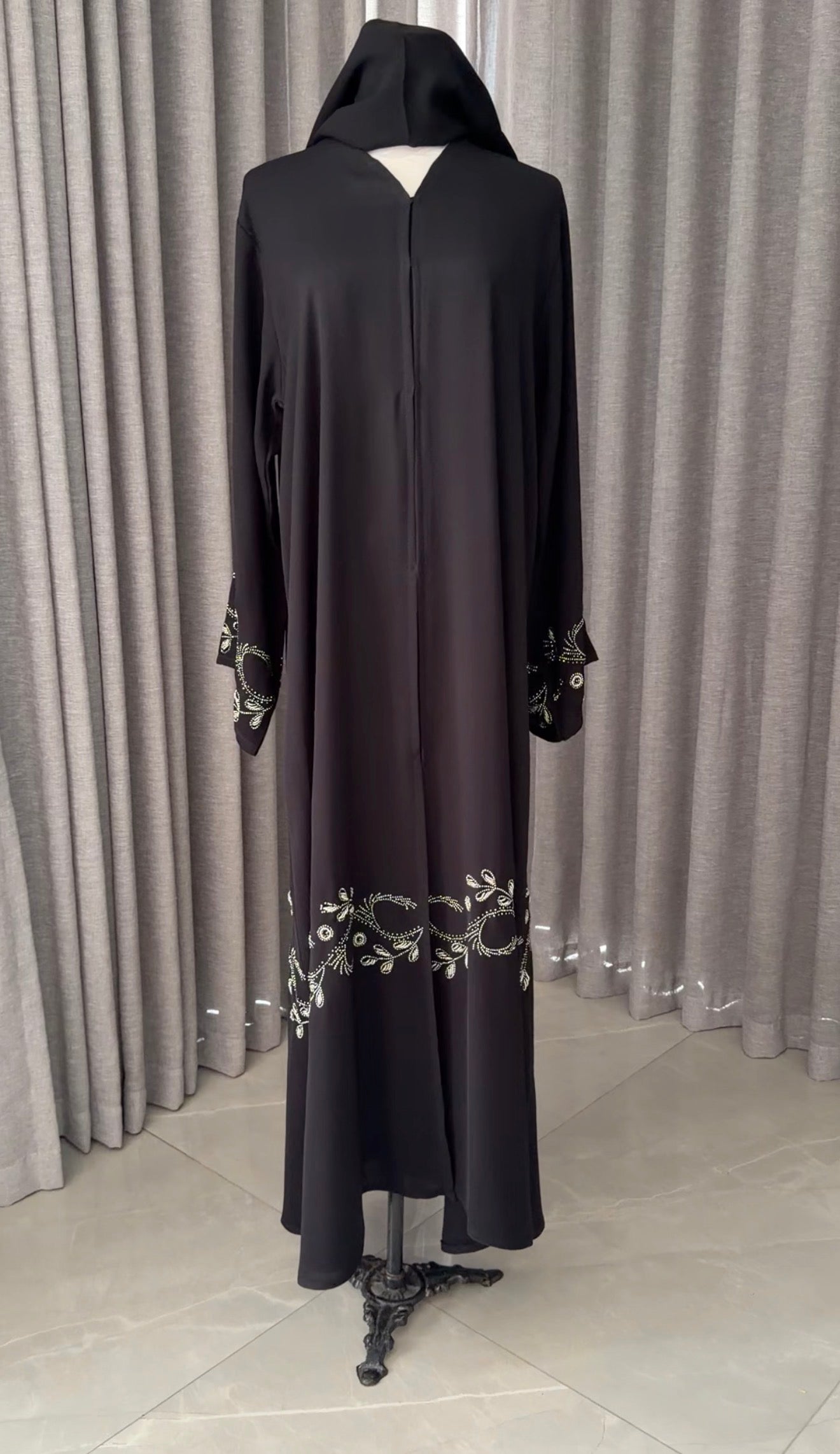 Black abayah with silver beadwork