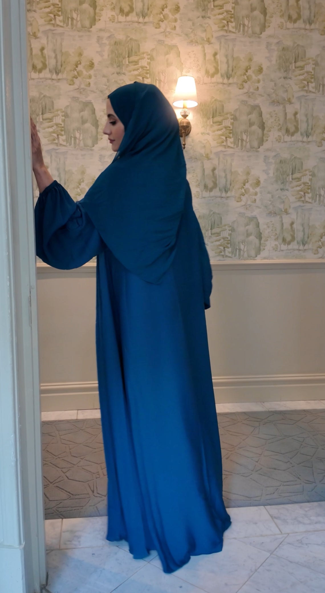 Teal blue flow Abayah with attached hijab