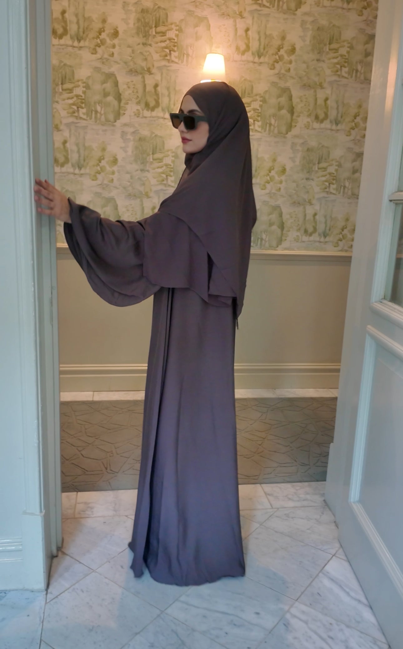 Brown Gray flow Abayah with attached hijab