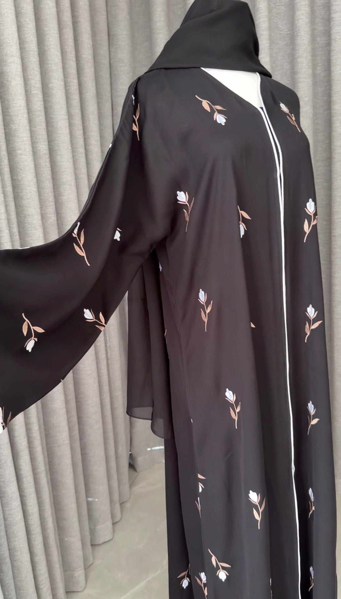 Black Abayah with white flowers