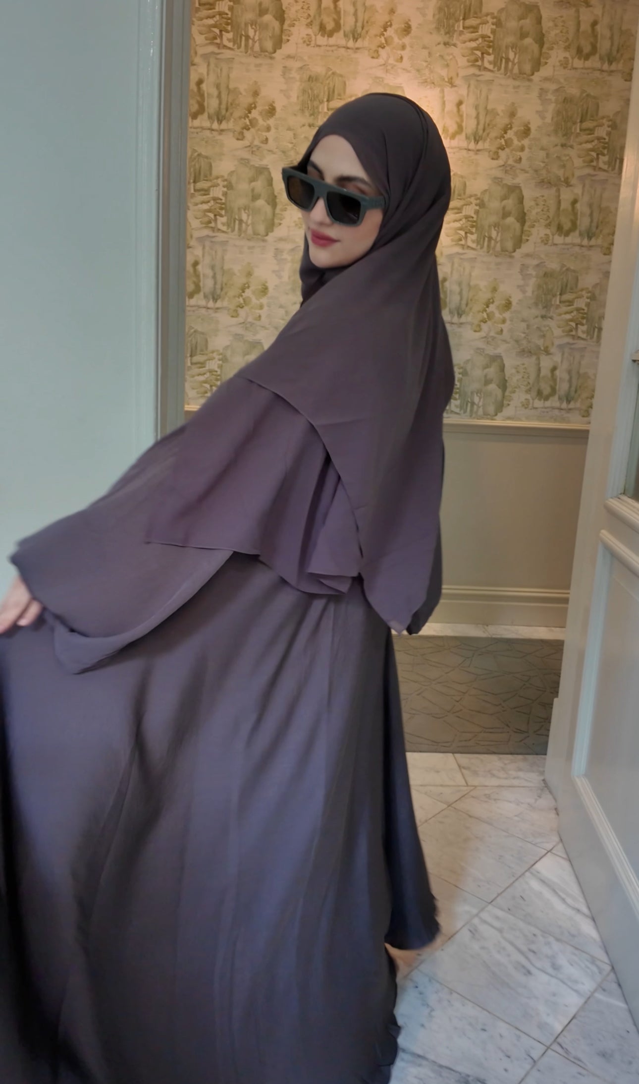 Brown Gray flow Abayah with attached hijab