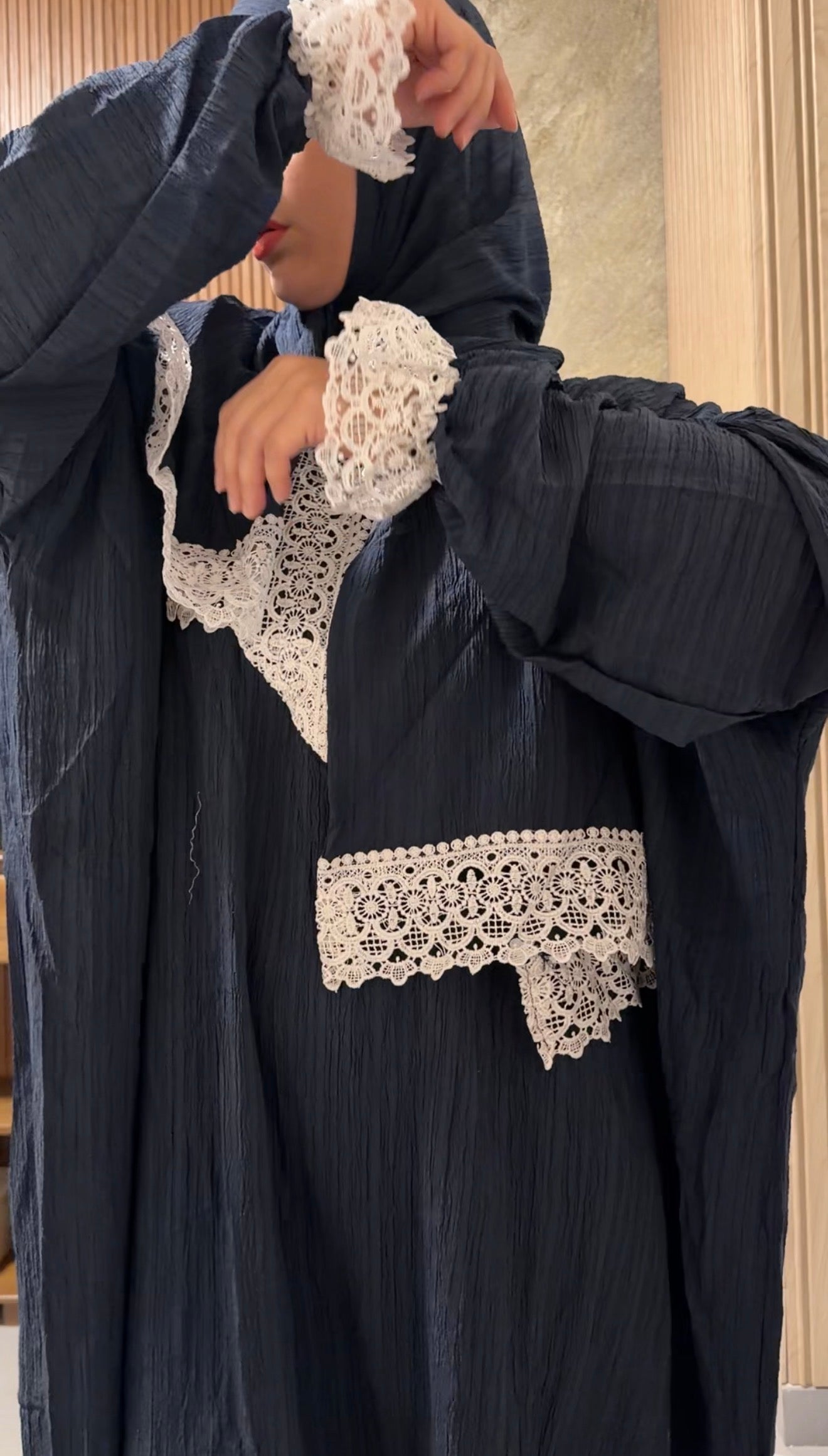 Navy burqa with white lace