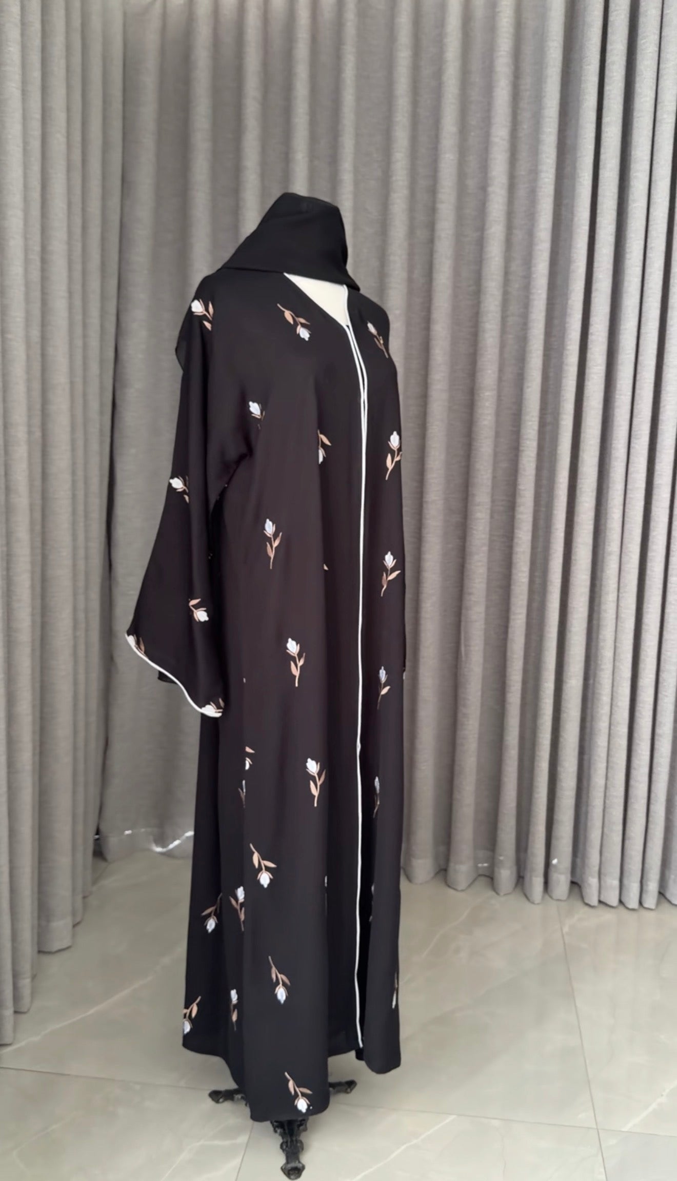 Black Abayah with white flowers