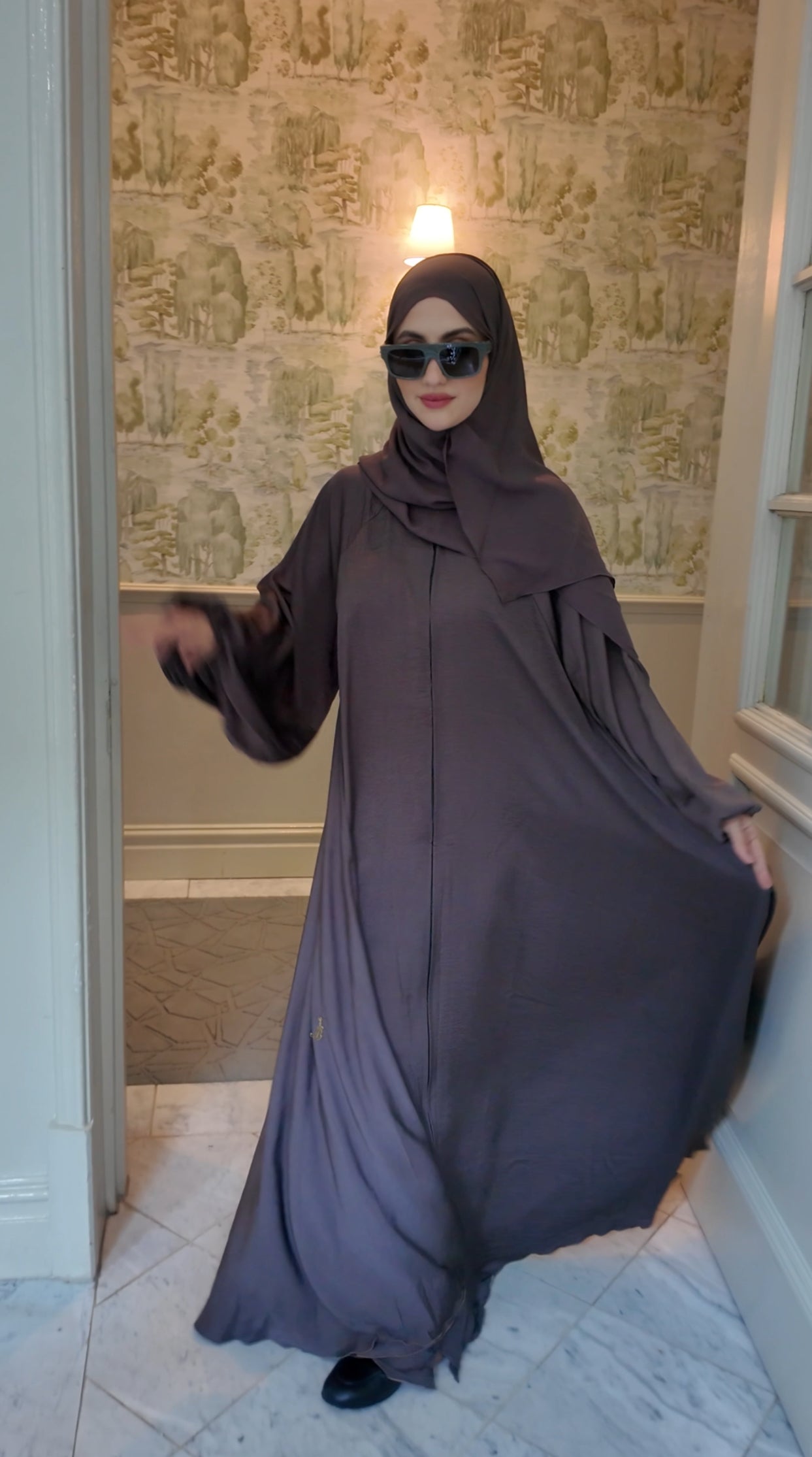 Brown Gray flow Abayah with attached hijab