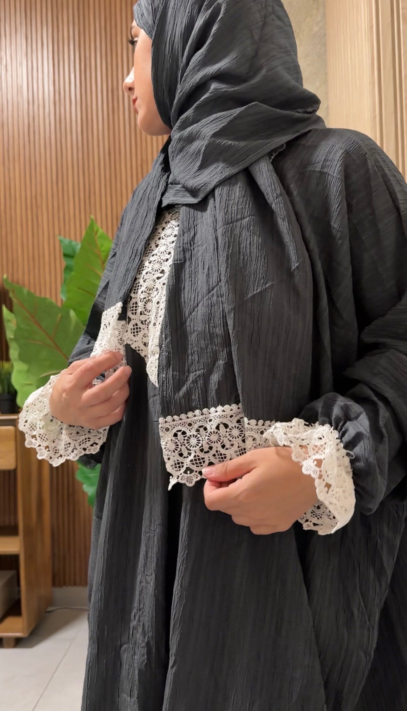 Gray burqa with white lace