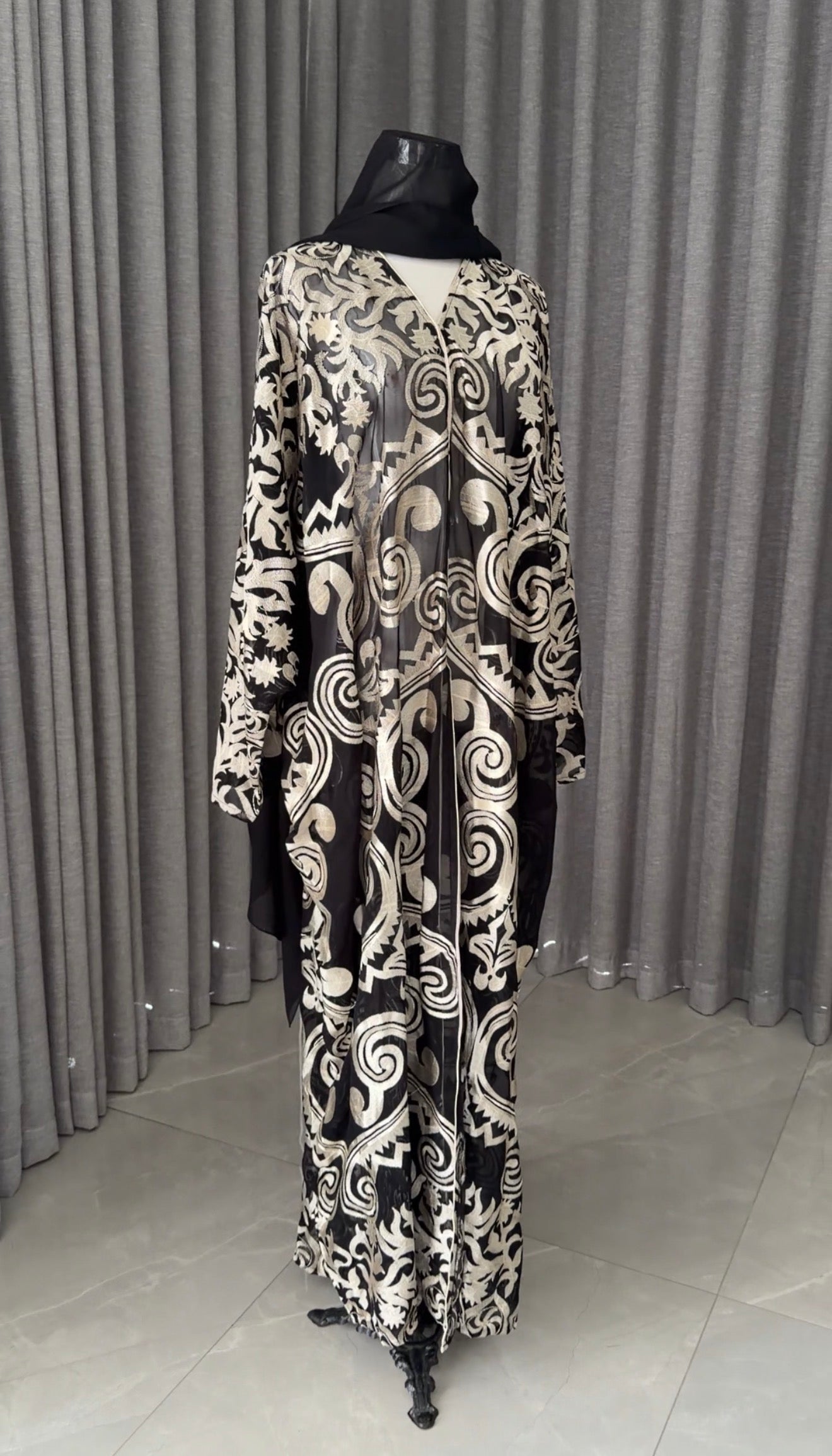 Black Net Abayah with Gold Embroidery Design 1