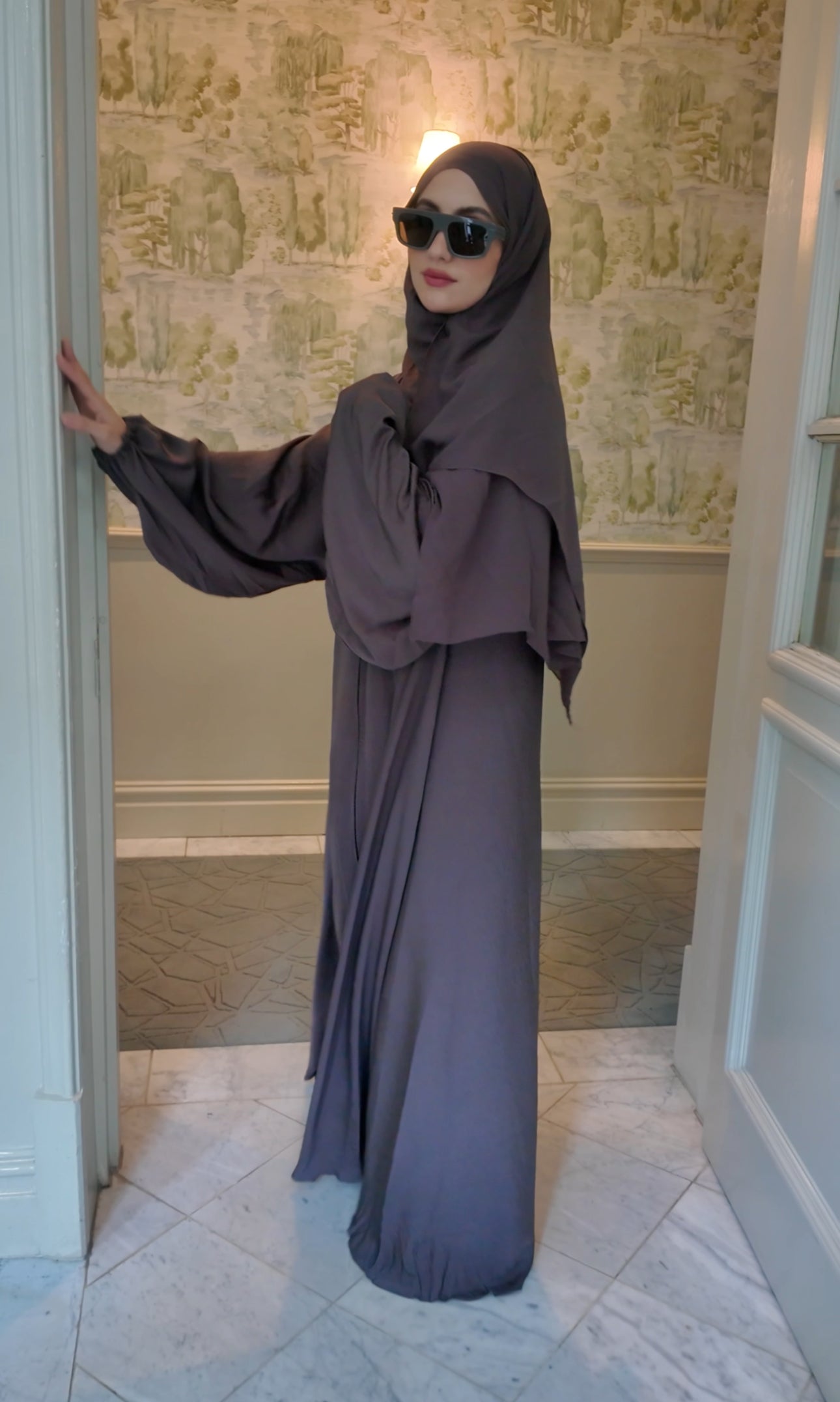 Brown Gray flow Abayah with attached hijab