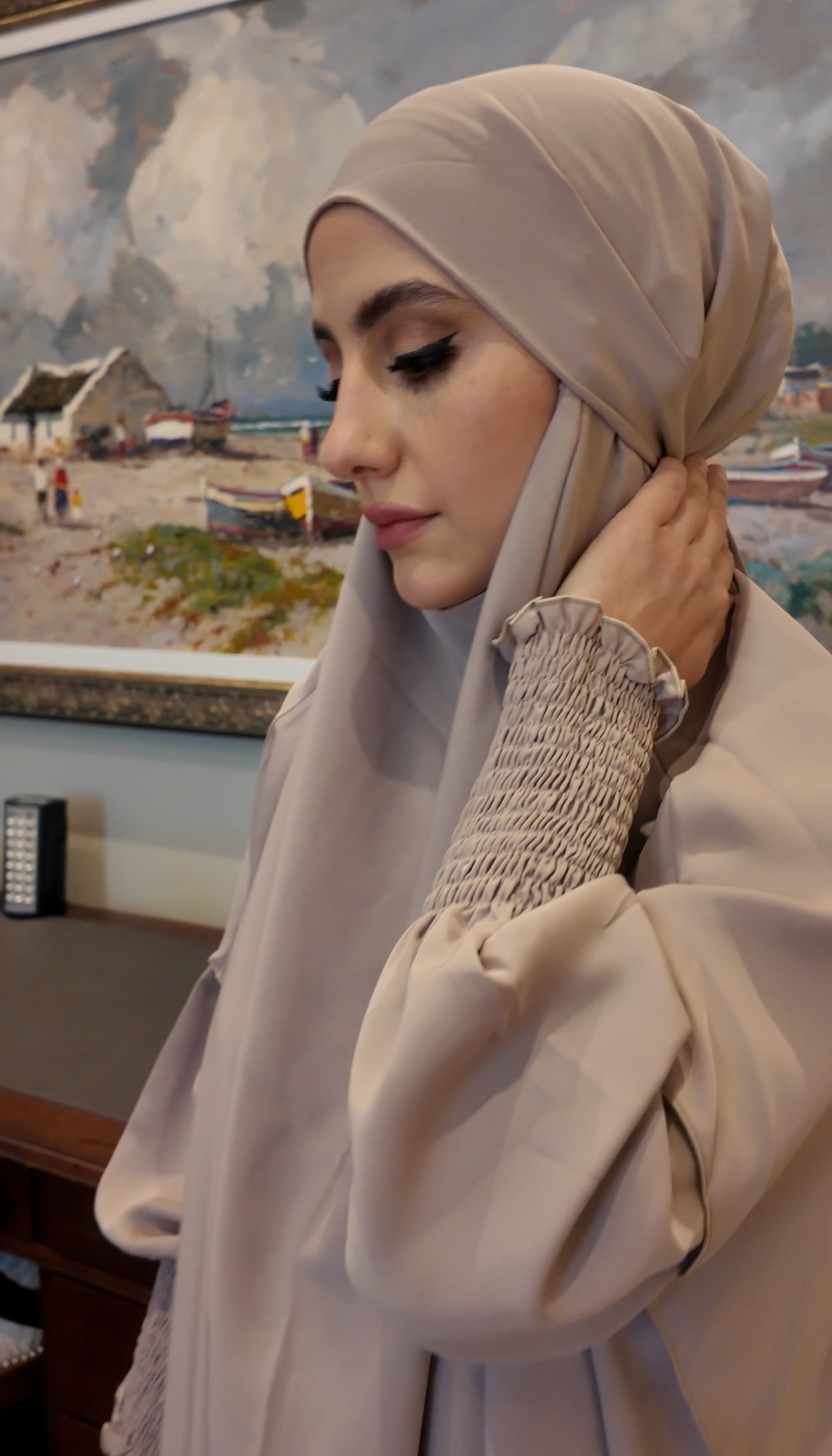 Beige Nada fabric Jilbab with long sleeve inner