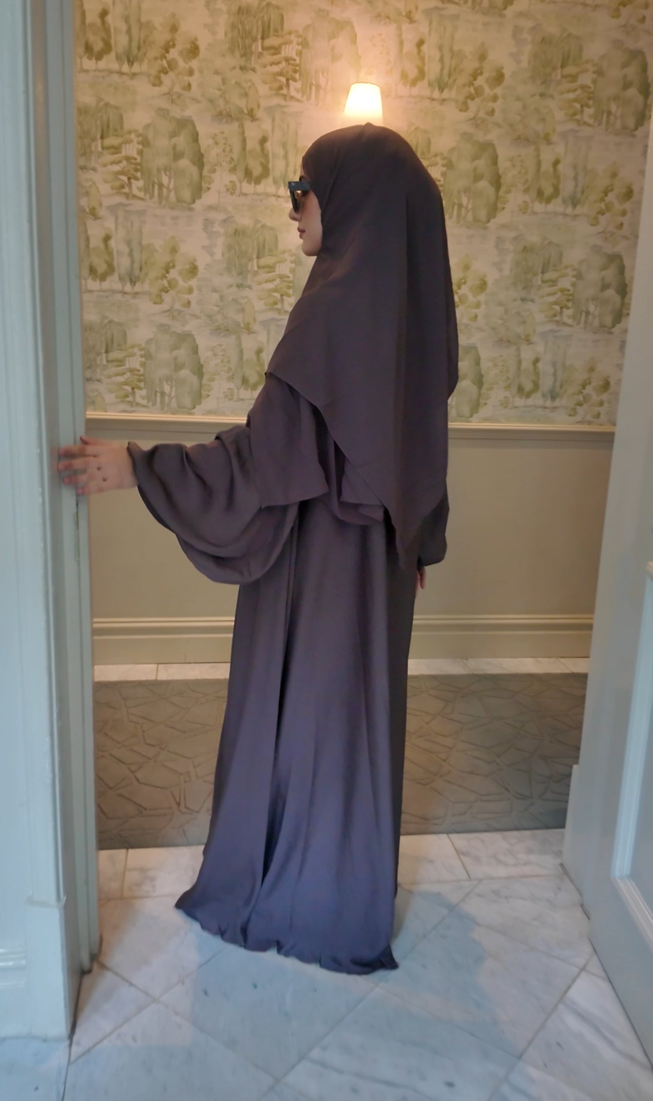 Brown Gray flow Abayah with attached hijab