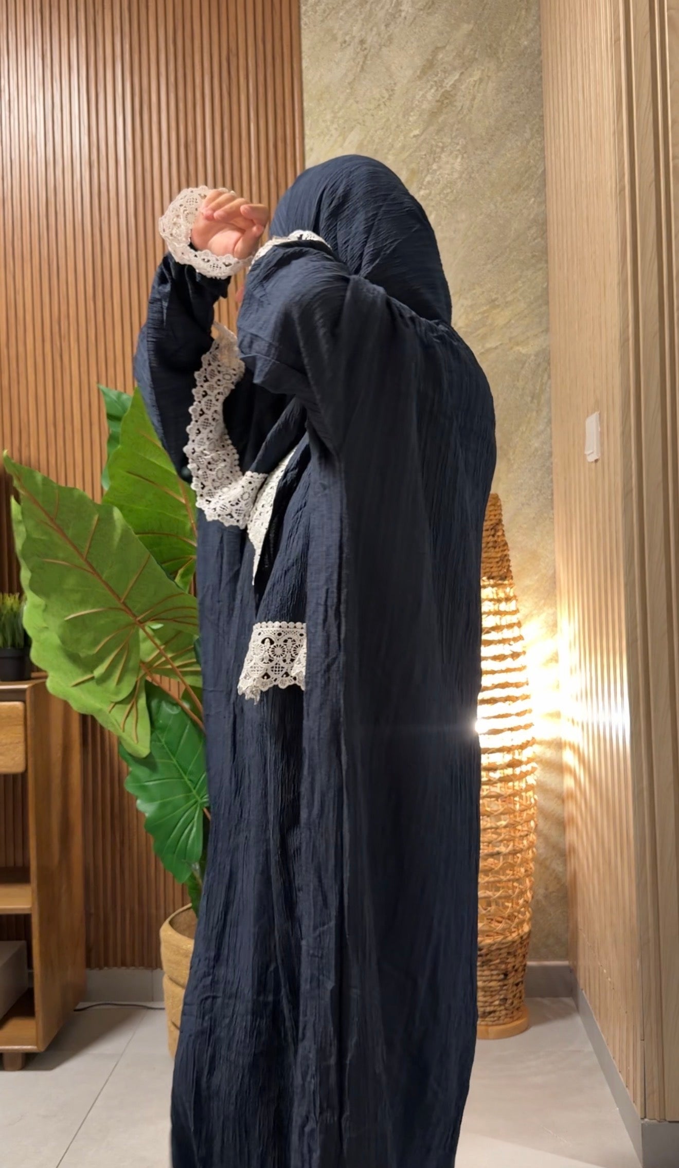 Navy burqa with white lace