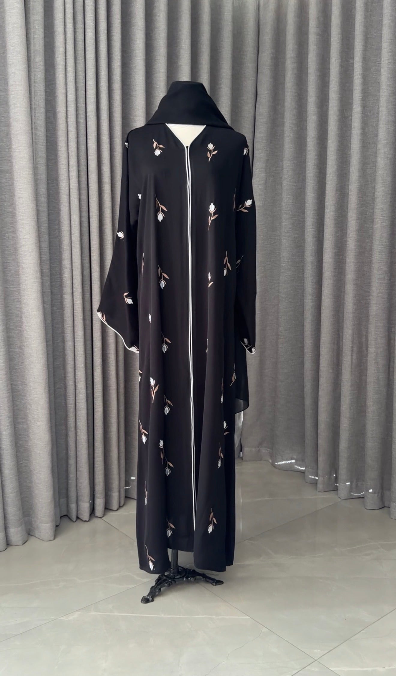 Black Abayah with white flowers