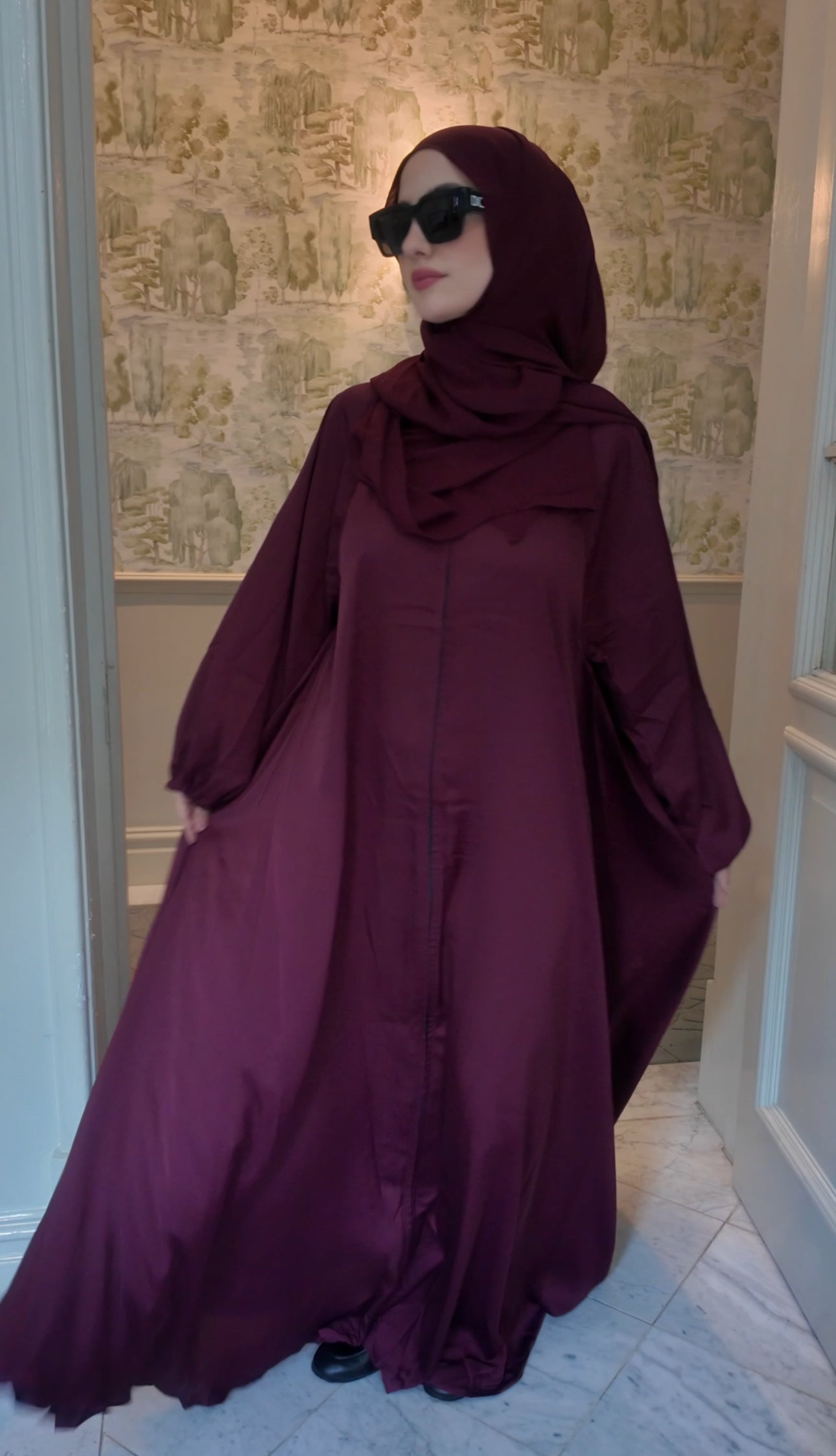 Maroon flow Abayah with attached hijab