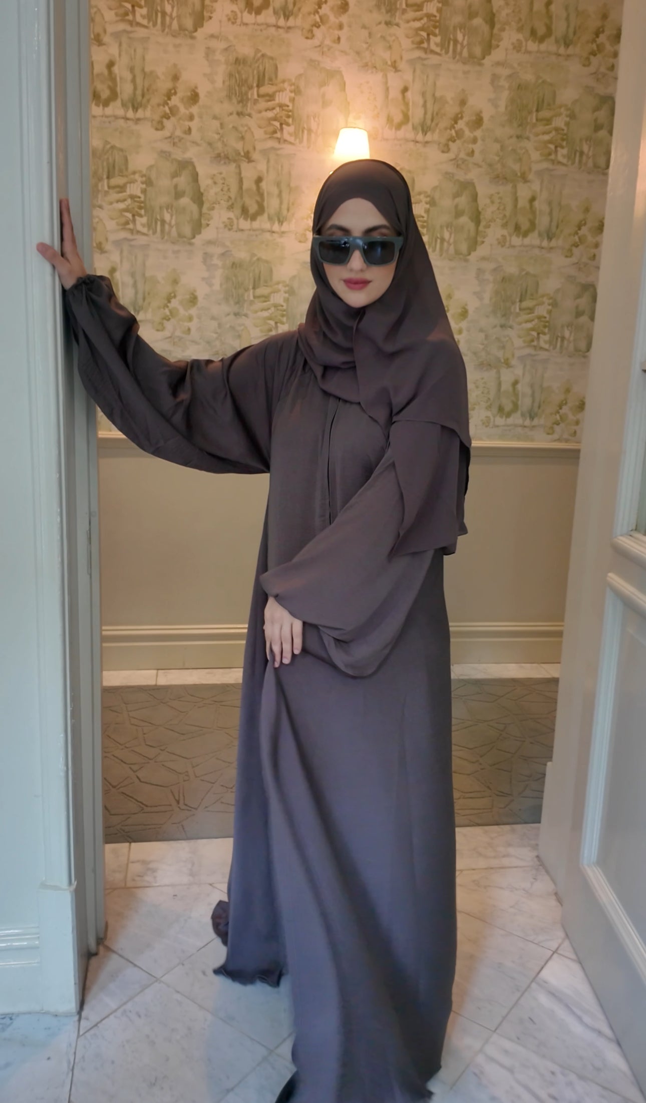 Brown Gray flow Abayah with attached hijab
