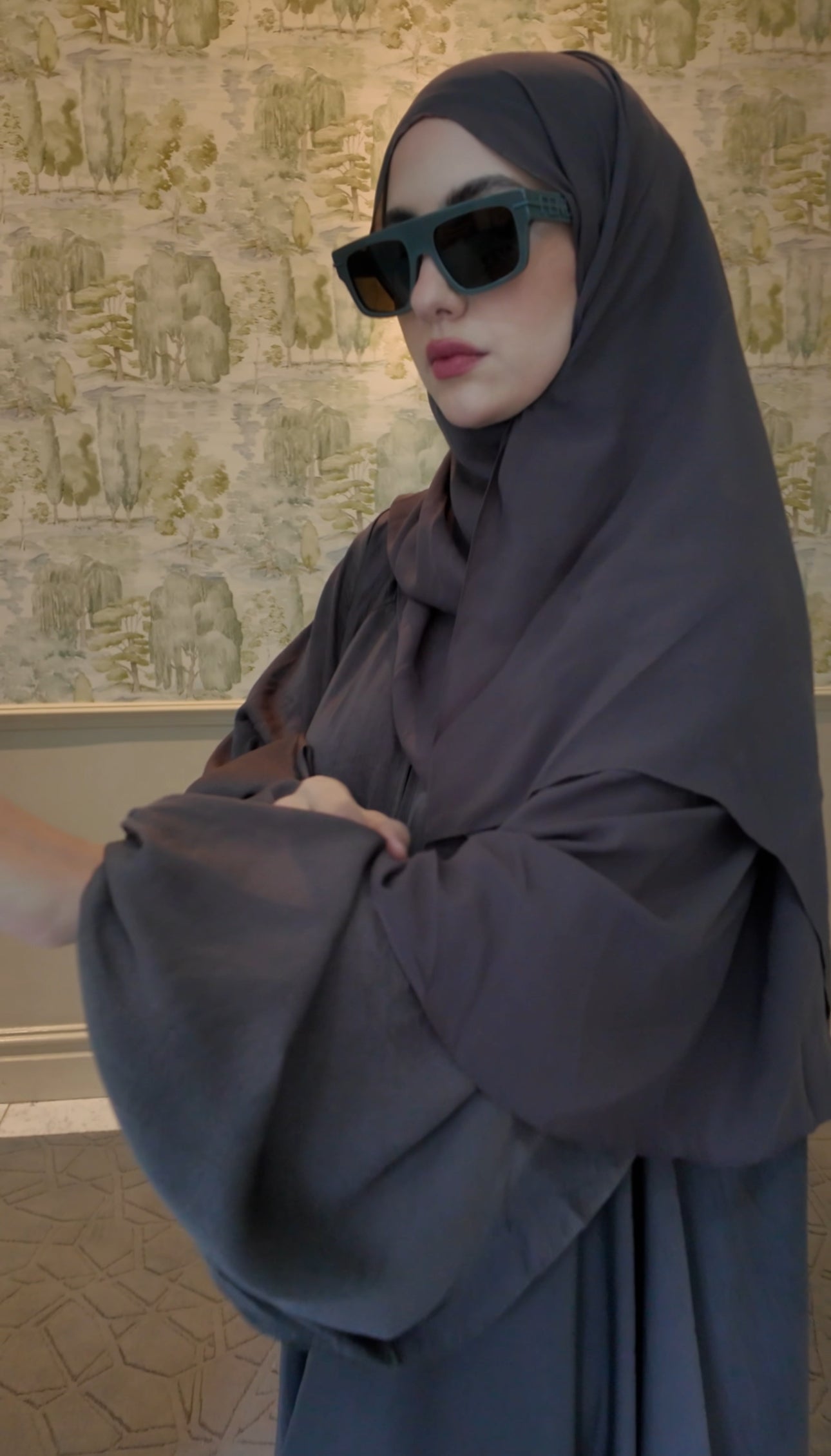 Brown Gray flow Abayah with attached hijab