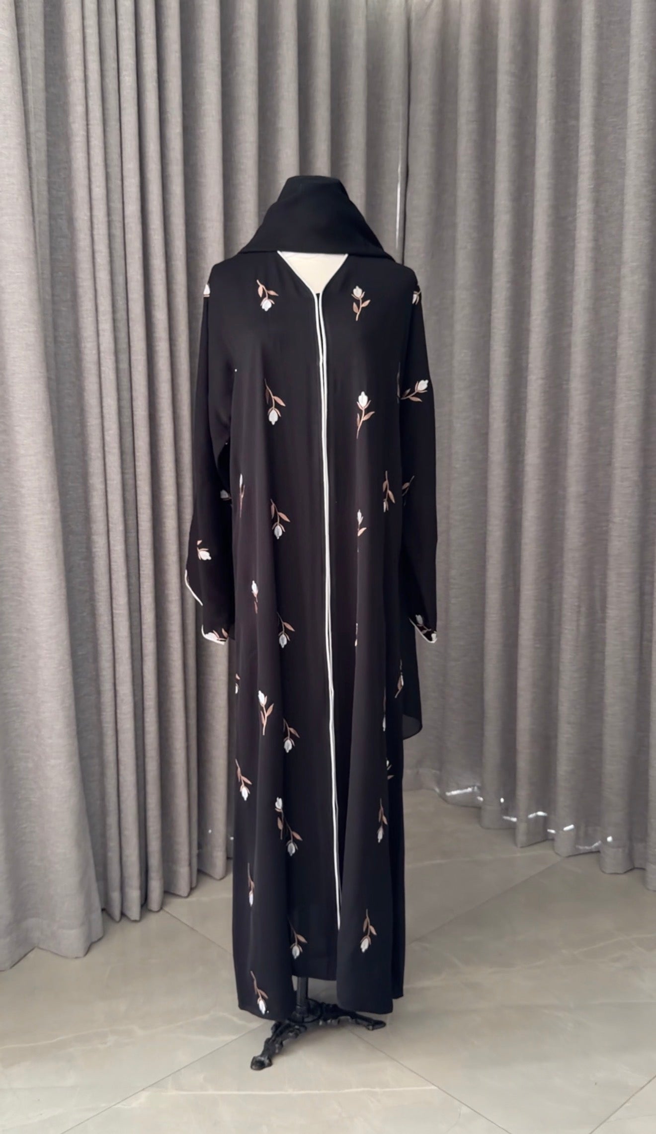 Black Abayah with white flowers