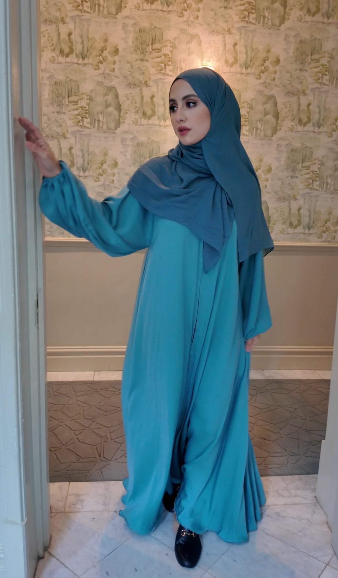 Turquoise flow Abayah with attached hijab