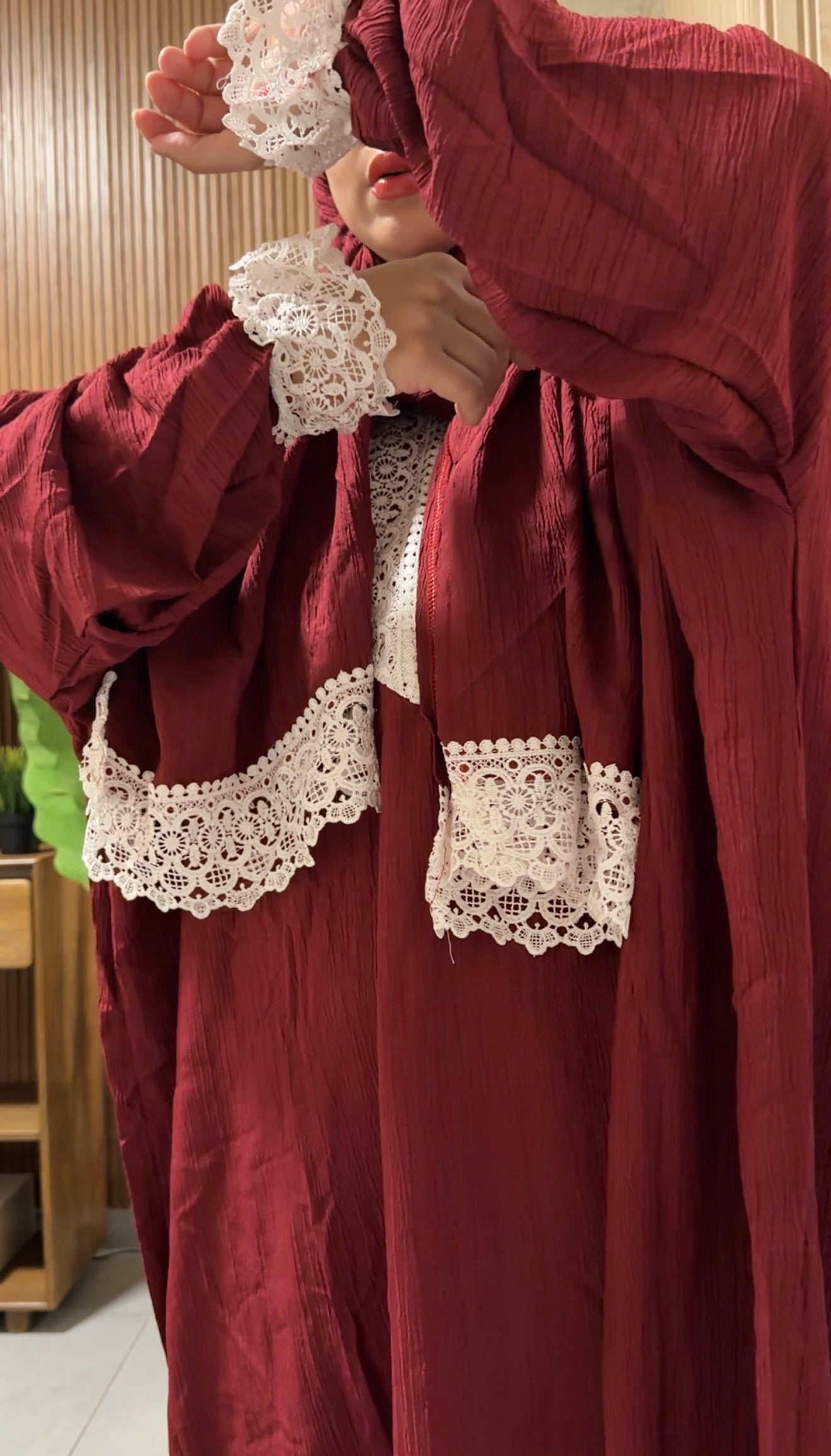 Maroon burqa with white lace