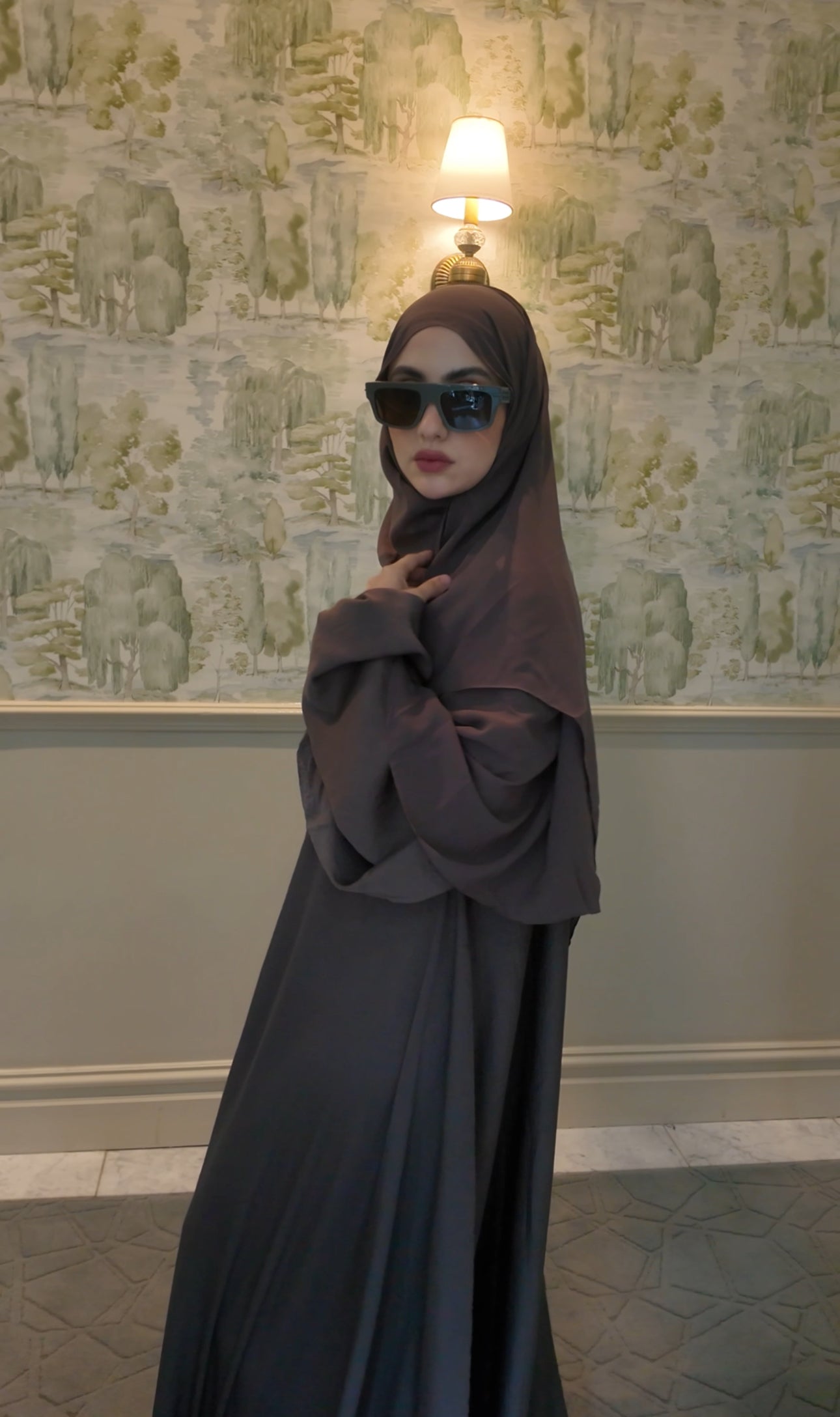 Brown Gray flow Abayah with attached hijab
