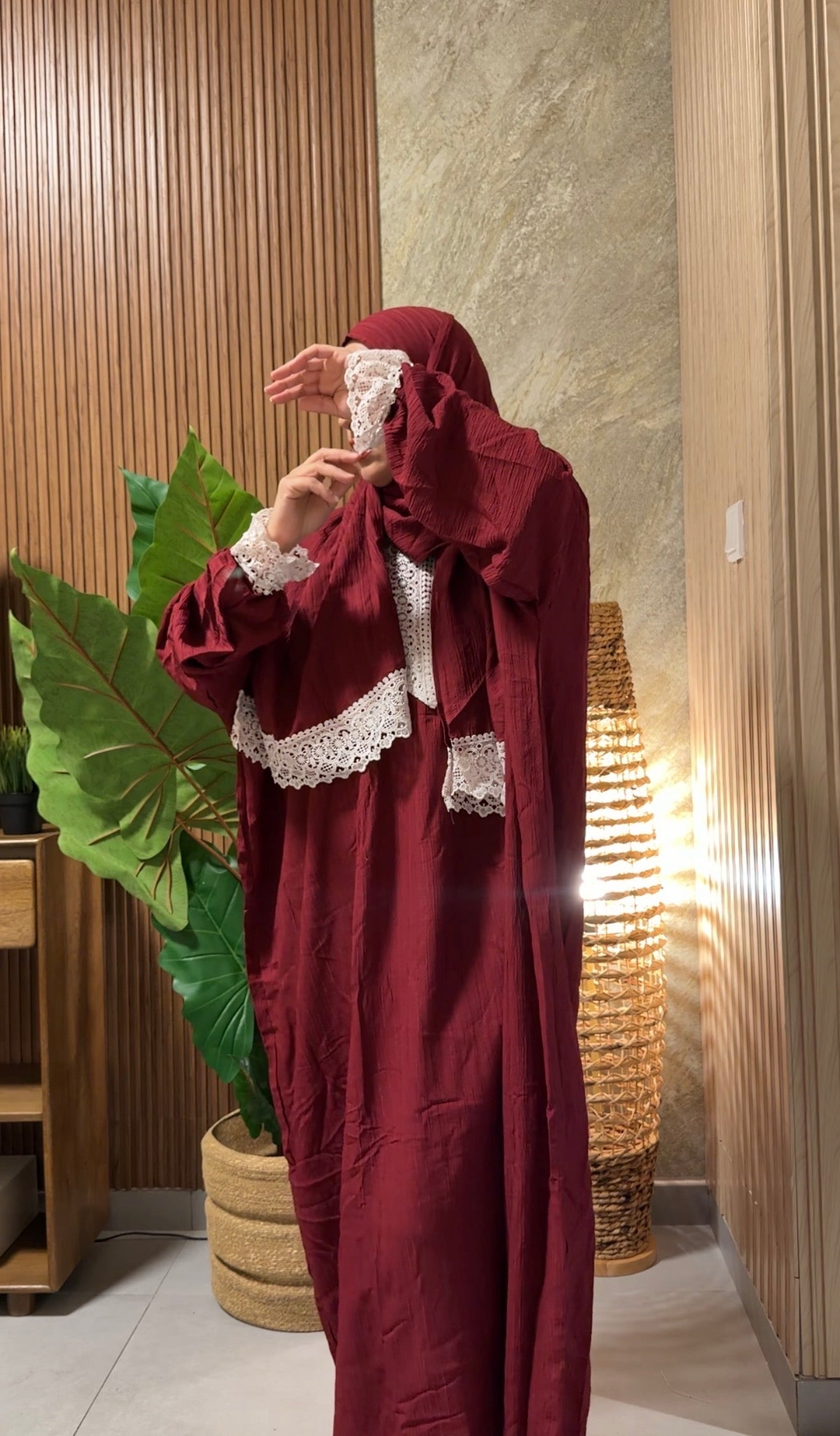Maroon burqa with white lace