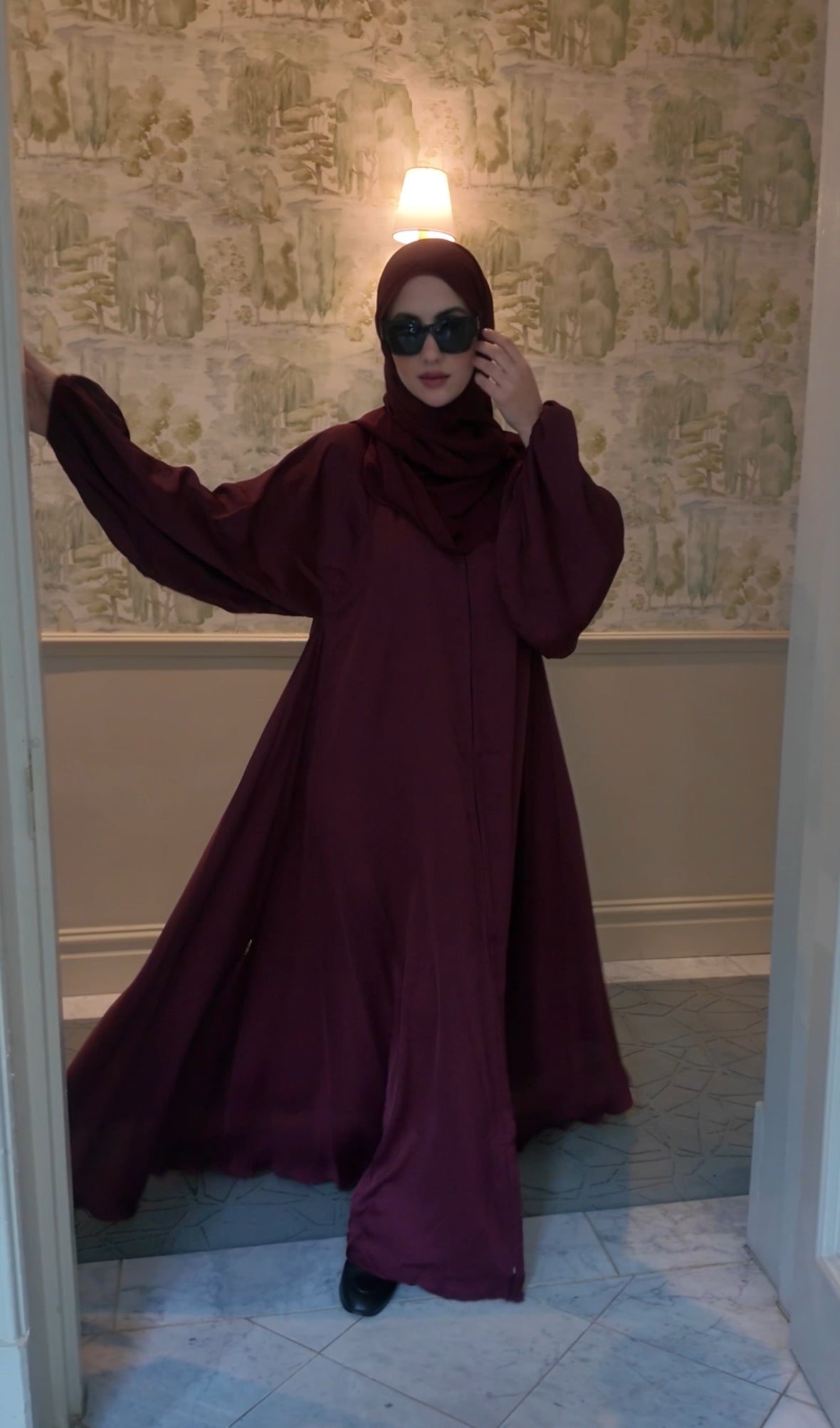 Maroon flow Abayah with attached hijab