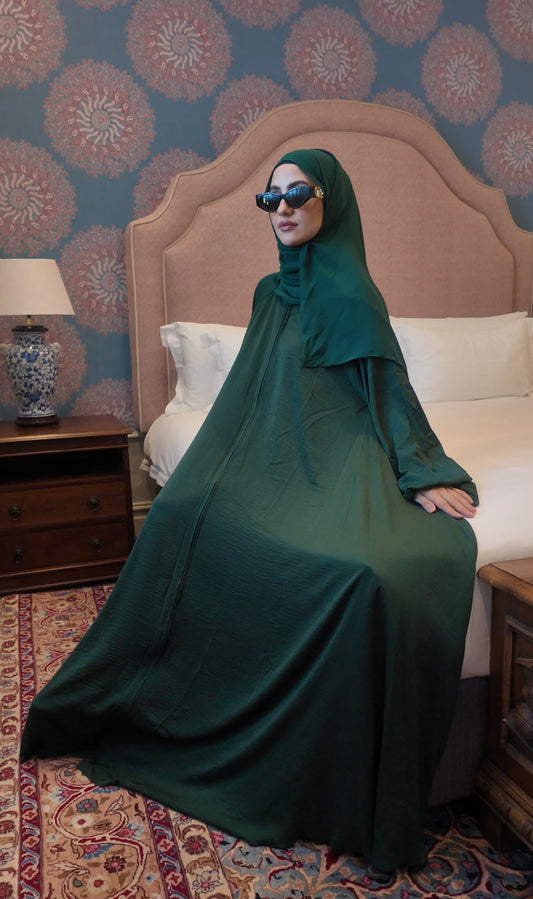 Emerald Green flow Abayah with attached hijab