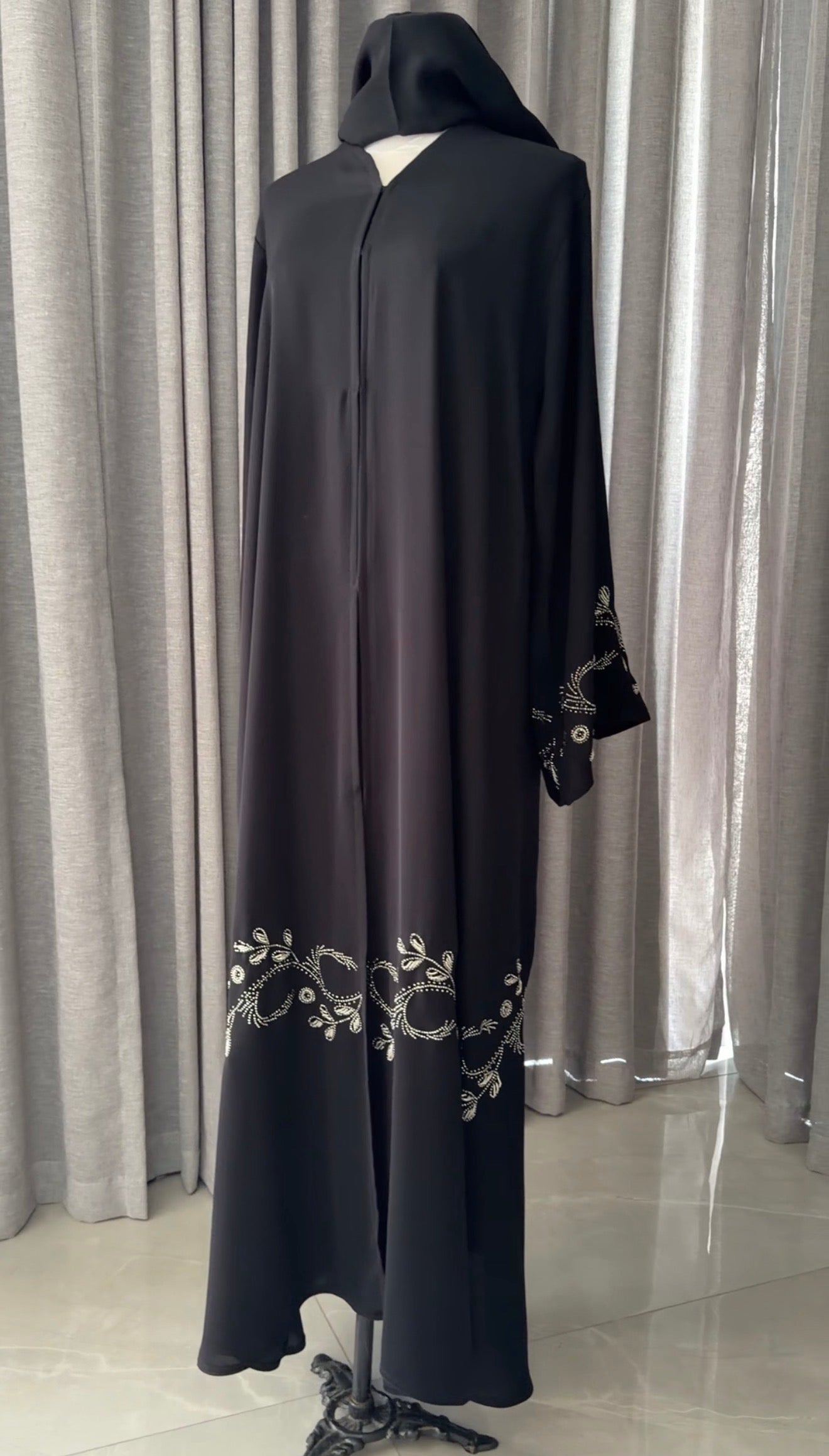 Black abayah with silver beadwork