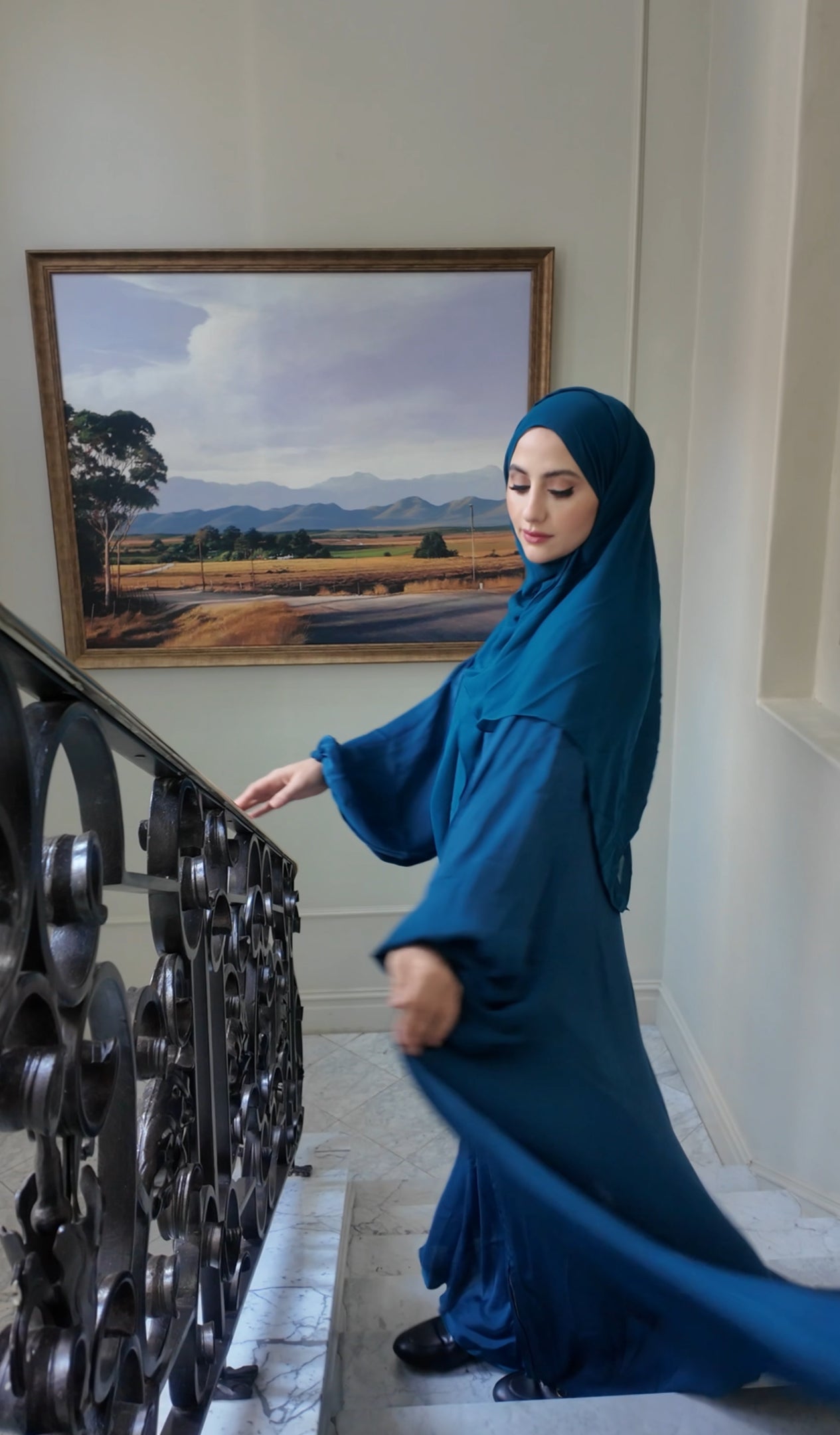 Teal blue flow Abayah with attached hijab
