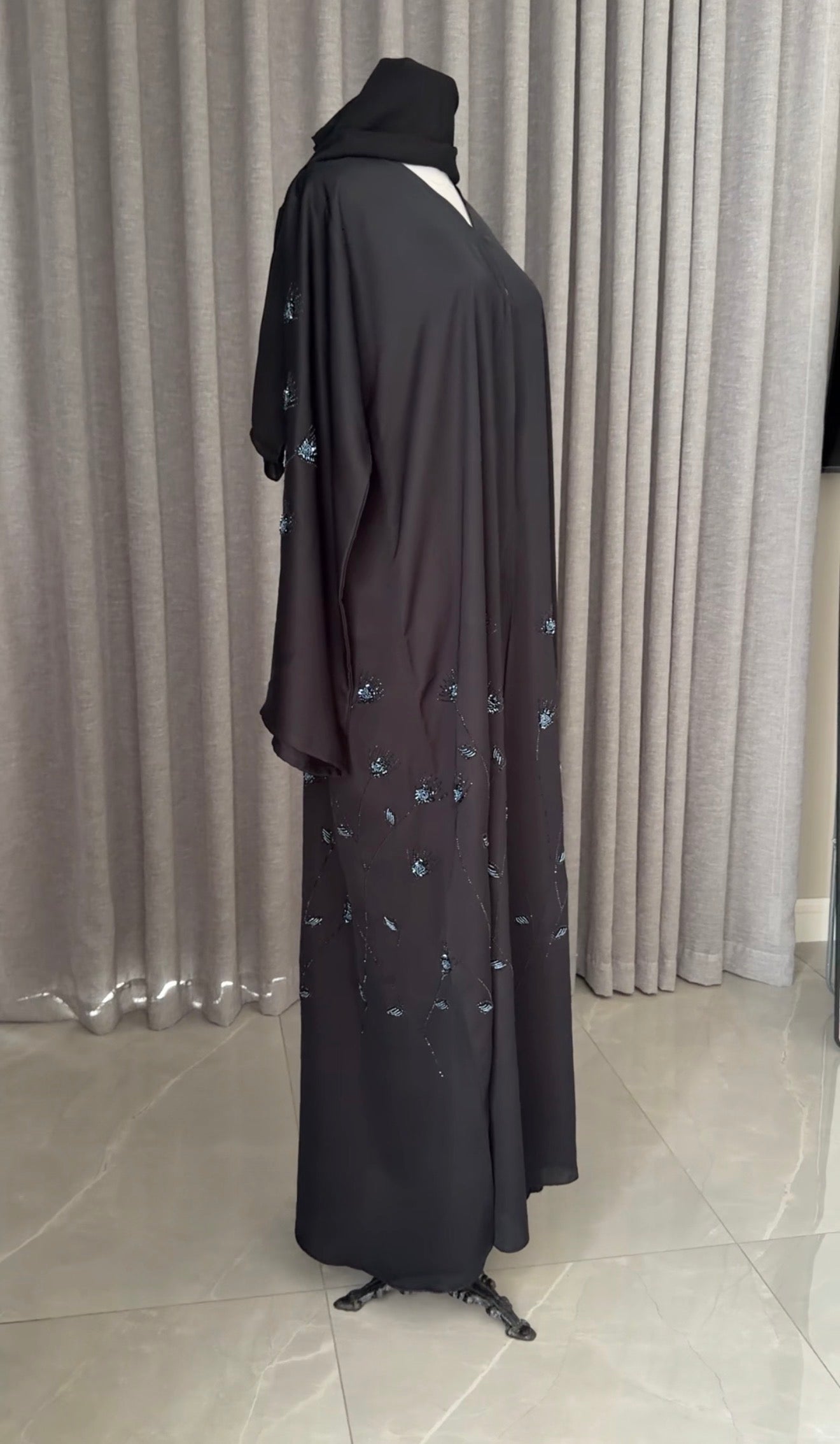 Black abayah with navy beadwork